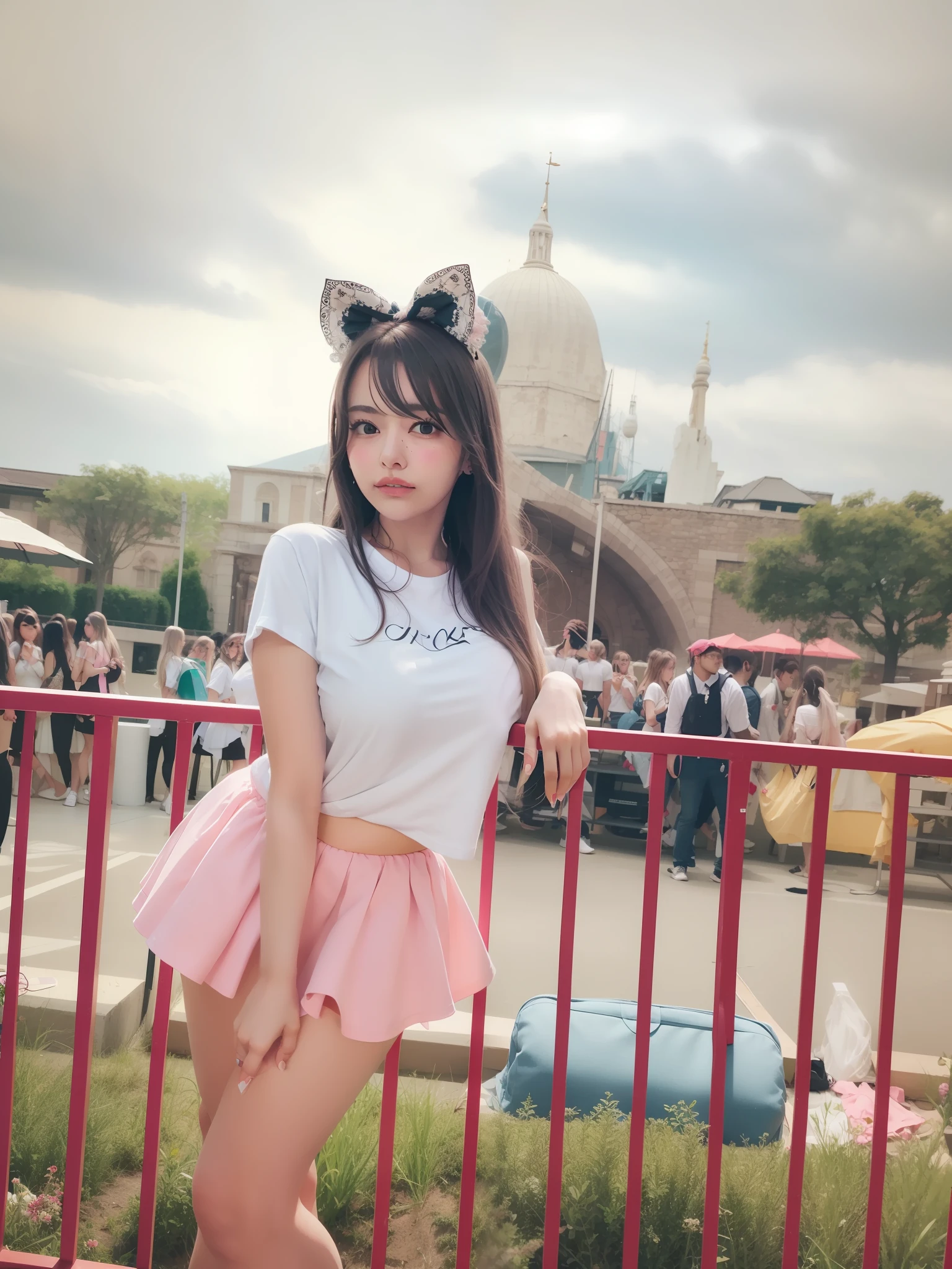 beautifull girl, white skin, long hair, white tshirt, pink short skirt