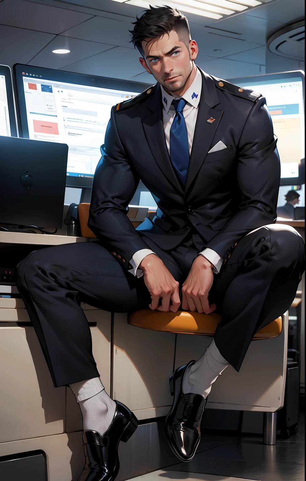 masterpiece, best quality, face, natural eyes, 1man, european, big feet, black socks, full body, (in suits), large bulge, long legs, looking at viewer, 30 years old, muscled and mature, pilot, pilot in uniform, short haircut, a pilot sitting on the desk with legs streched, in the airport Office, blue eyes, flush, organism, face covered with white fluids, sweating, tight cloth, erecting