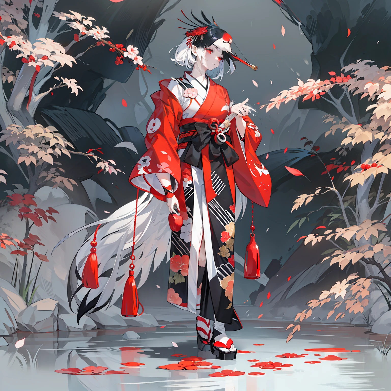 A cold girl in a short kimono，The clothes are black, white and red and have a red-crowned crane element design，Red-crowned crane，cabelos preto e longos，The top of the head is dyed red，Tall clogs，Long vibrating sleeves，long socks，With a pipe in his hand