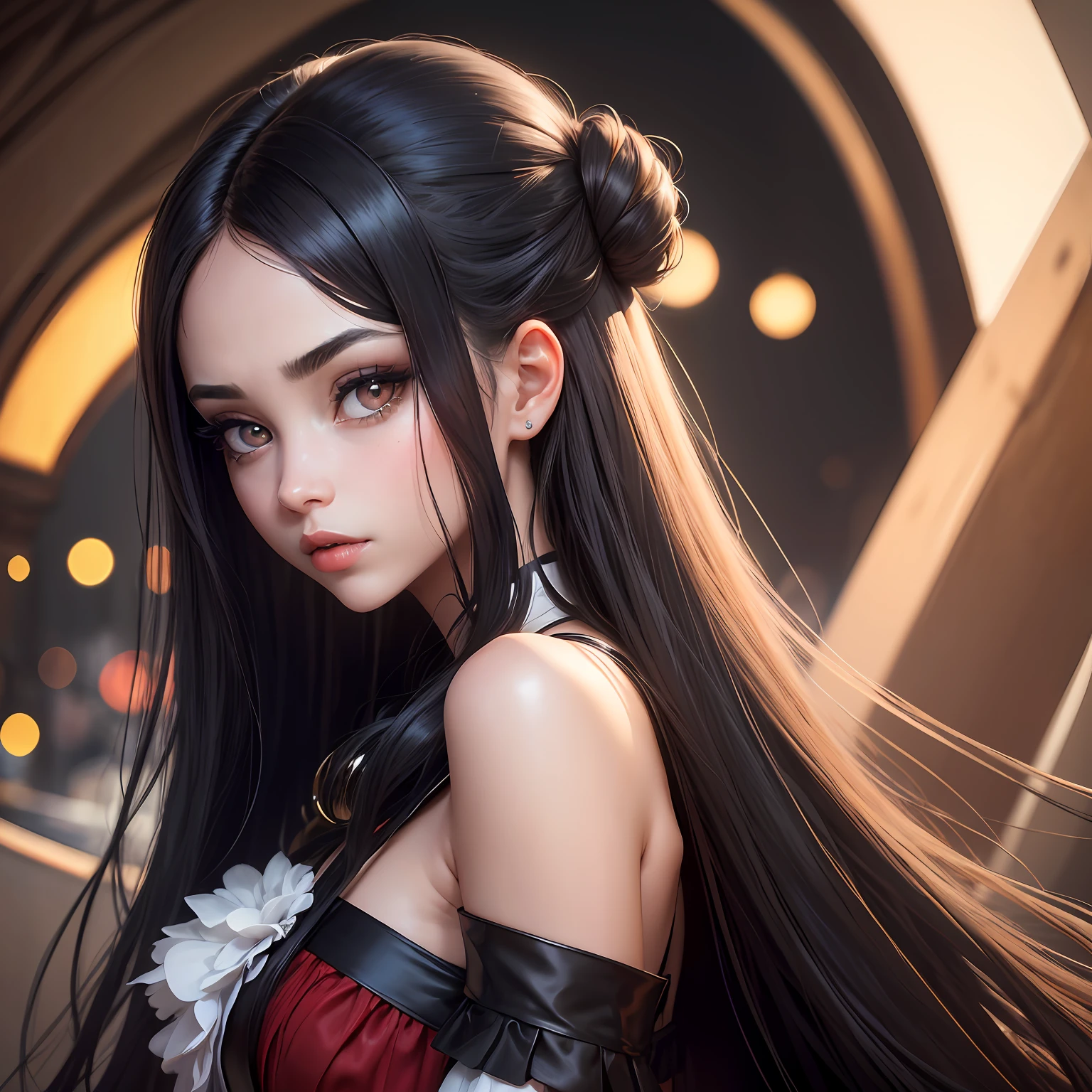 (8k, 4k, beste-Qualit, hight resolution, extra high resolution: 1.1), (tmasterpiece, realisti, photo-realistic:1.1), a 1girl, s face, a closeup of a, Shimmering tails, hair light, kblack eyes, red-lips, (looking a viewer:2), absurdly long hair, long eyelashes, eyeshadows, small face, big eyes, bare shoulders, high contrast, --auto