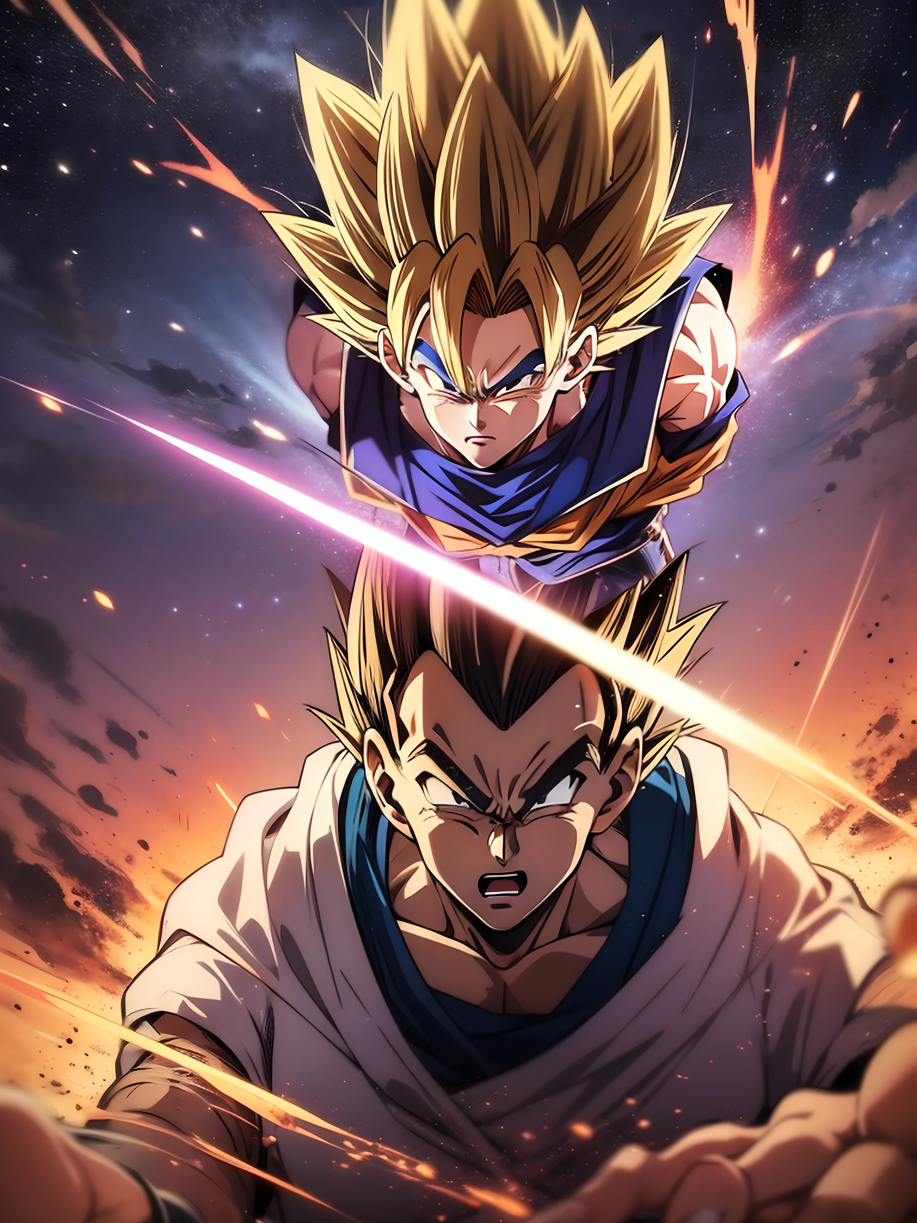 Image of GOKU against VEGETA in a battle in the sky, Dark blue sky with stars, imagem detalhada, ultra realista, anime version, Explosions and cinematic effects