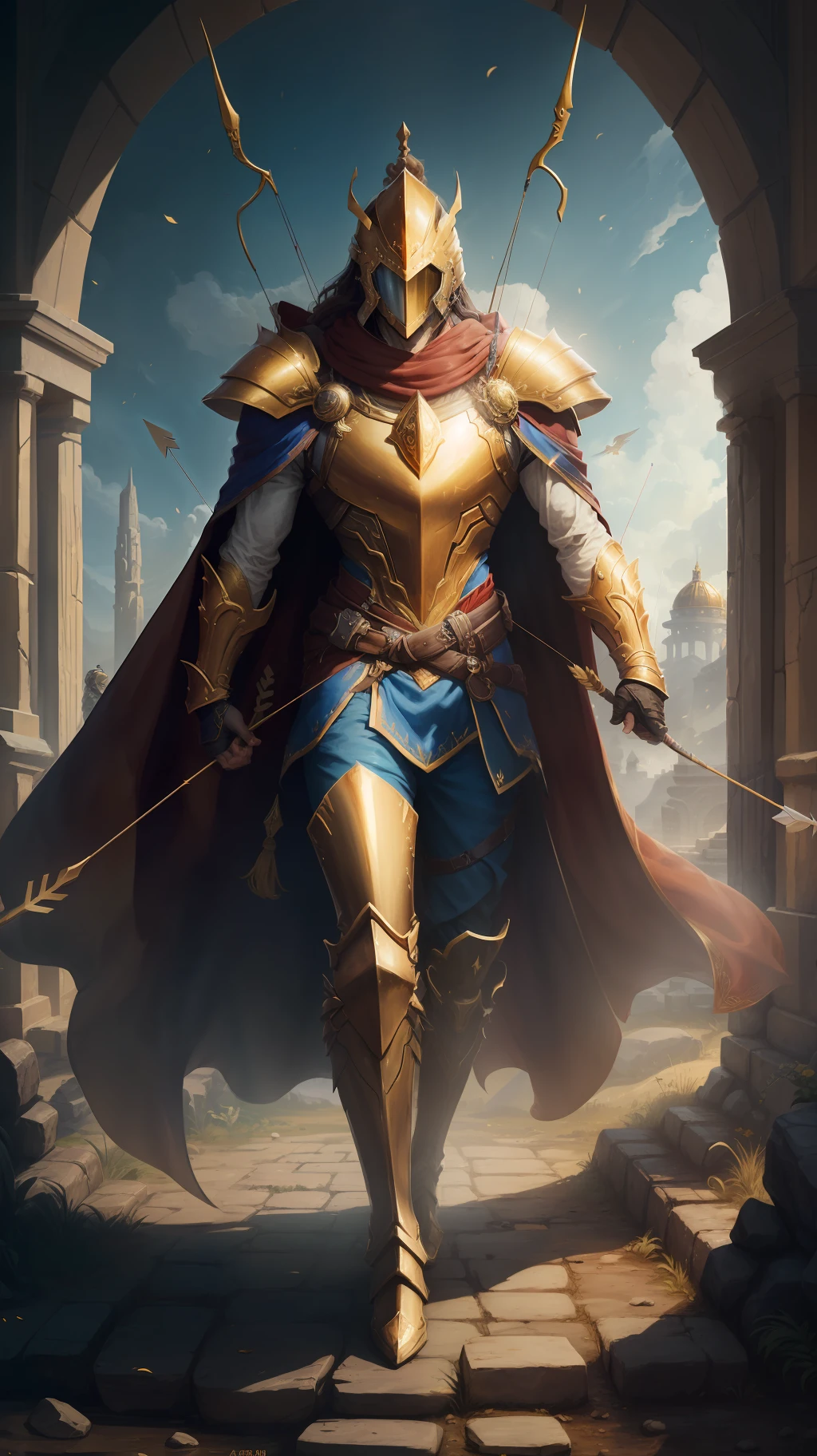 King Glory Houyi Gold Warframe Machinery，(heroic look)，(Best Picture Quality)，Higher quality，超高分辨率，(8K分辨率)，high detal，first person perspective，Delicate facial features，Hold a bow and arrow，(Magic Arrow)，male people，solo person，Sharp sight，Gold armor，Carry an arrow sac，(Brave)，long hair flowing，(Dressed in gorgeous gear)，(golden cape)，(boots)，Extraordinary steps，(Heavenly Soldiers)，Sunlight shines into the background，(Remains of a mysterious civilization)，(spectacular)，(old)，(magnifica)，(A mysterious place full of surprises)。 --auto