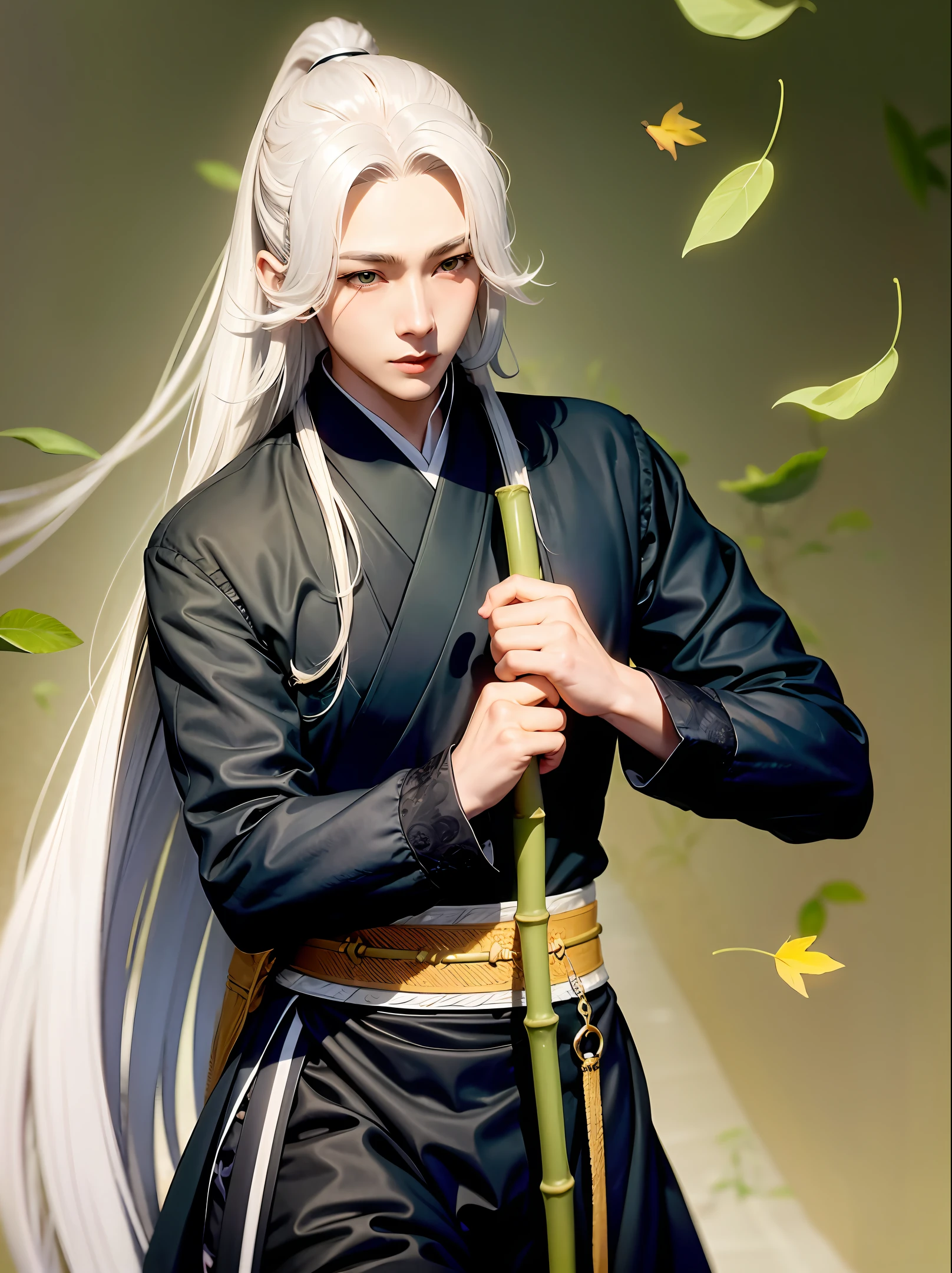 gentleman,8K,Delicate facial features,long white hair,Black Hanfu,holding a longsword,bamboo forrest,falling leaf,Hold a sword in hand