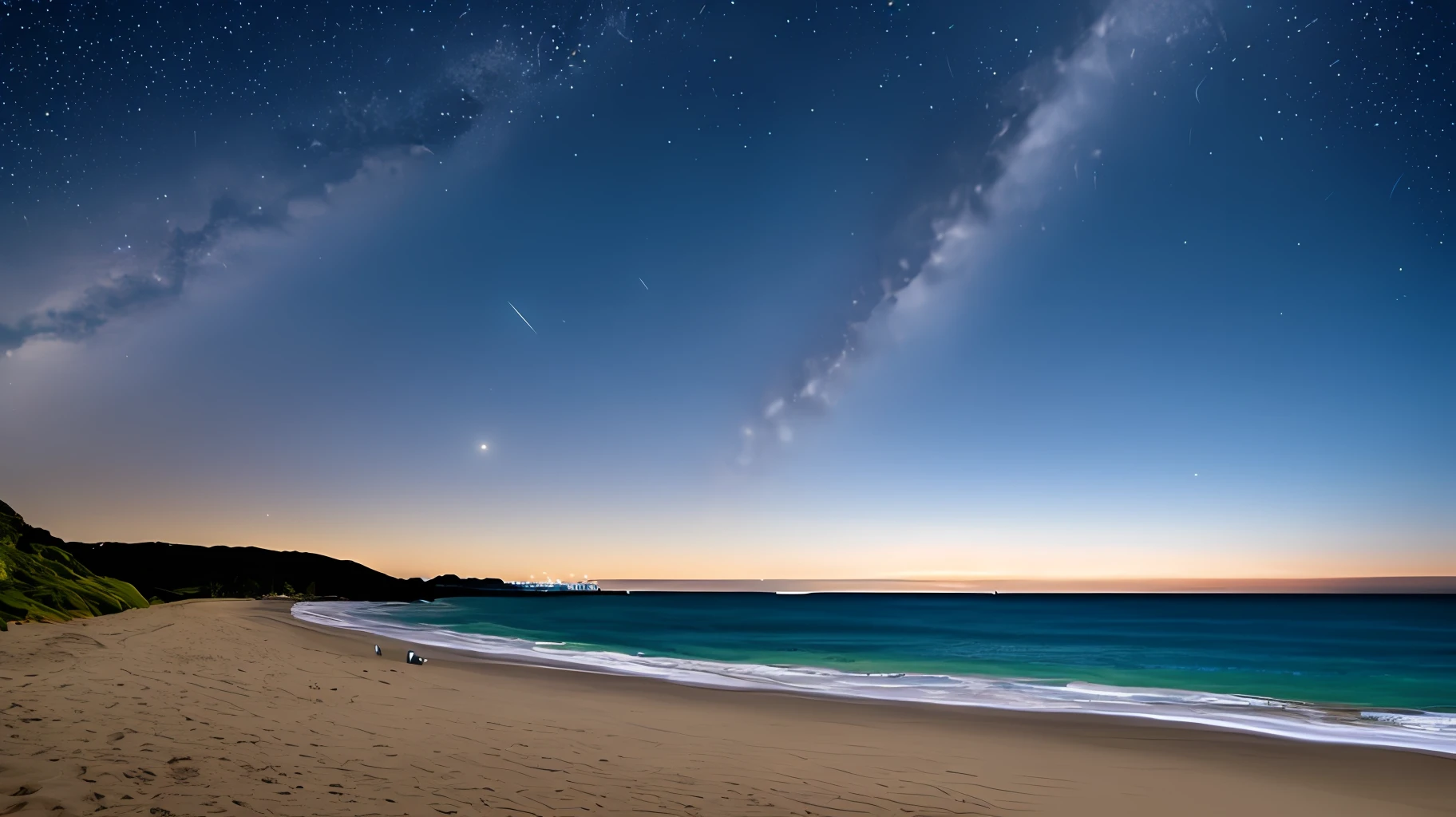 Starry sky showing sea and sandy beach
Like live-action