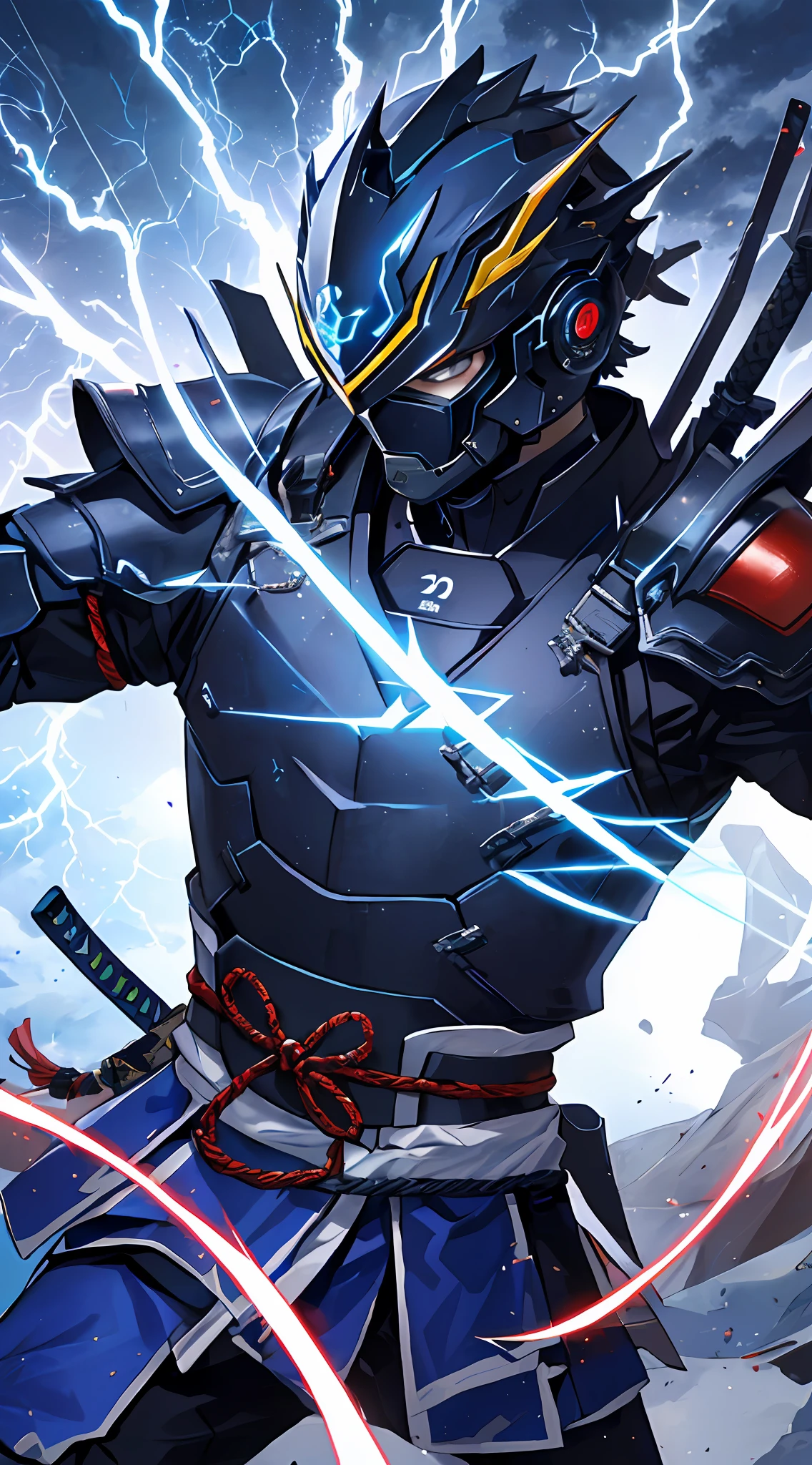 a close up of futuristic modern japan samurai in a thunder lightning suit, character, action pose, badass, black thunder lightning color reflected modern futuristic japanese armor, avatar image, official artwork, official art