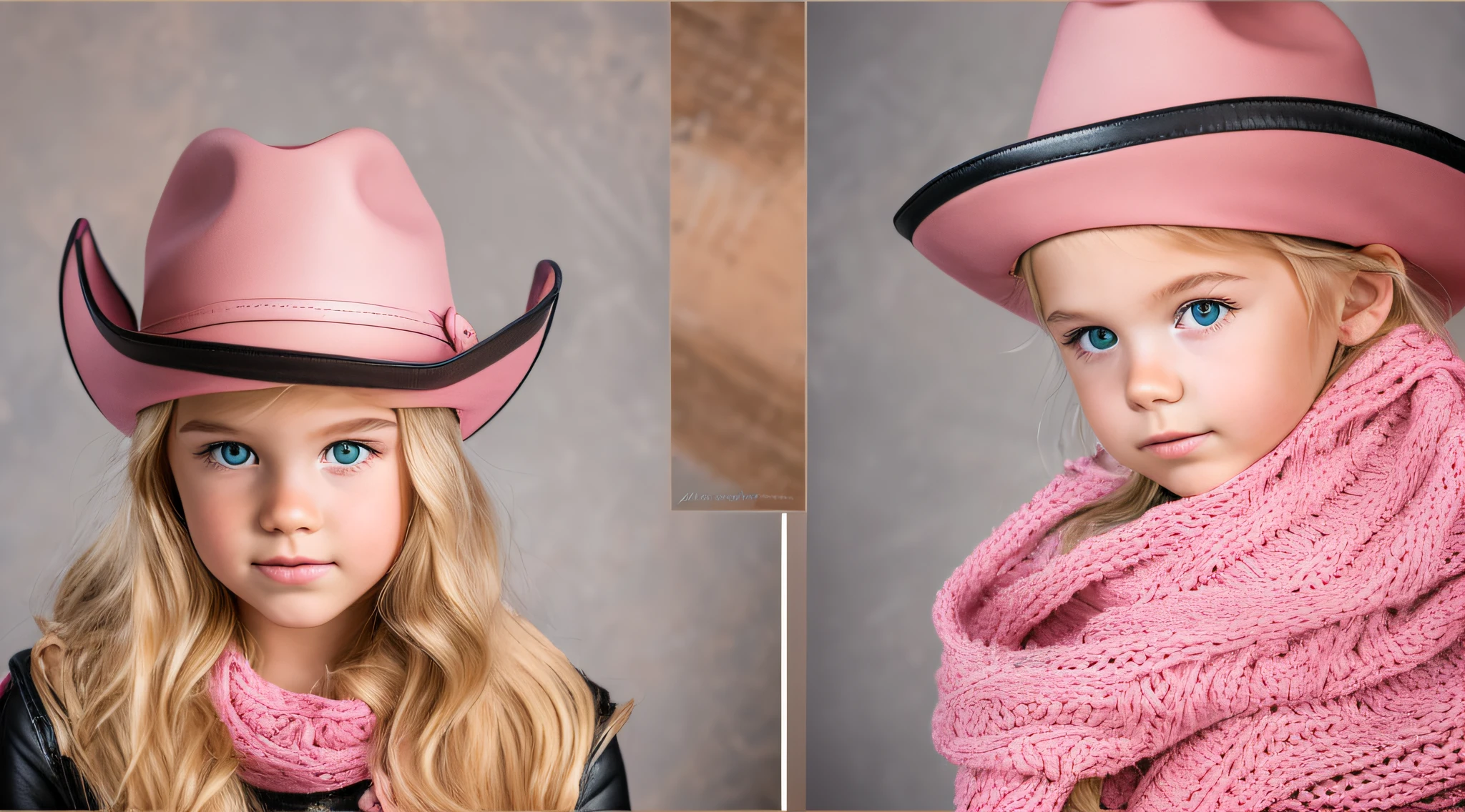 BLONDE CHILD girl,wearing a pink hat and scarf sitting on a black leather chair, photo from a promotional session, promotional photoshoot, young girl, beautiful young model, pink cowboy hat, young teenager, photo shoot, photoshoot, inspired by Toros Roslin, red dress and hat, modeling essay, young and beautiful girl, studio portrait photography,  photoshoot solo