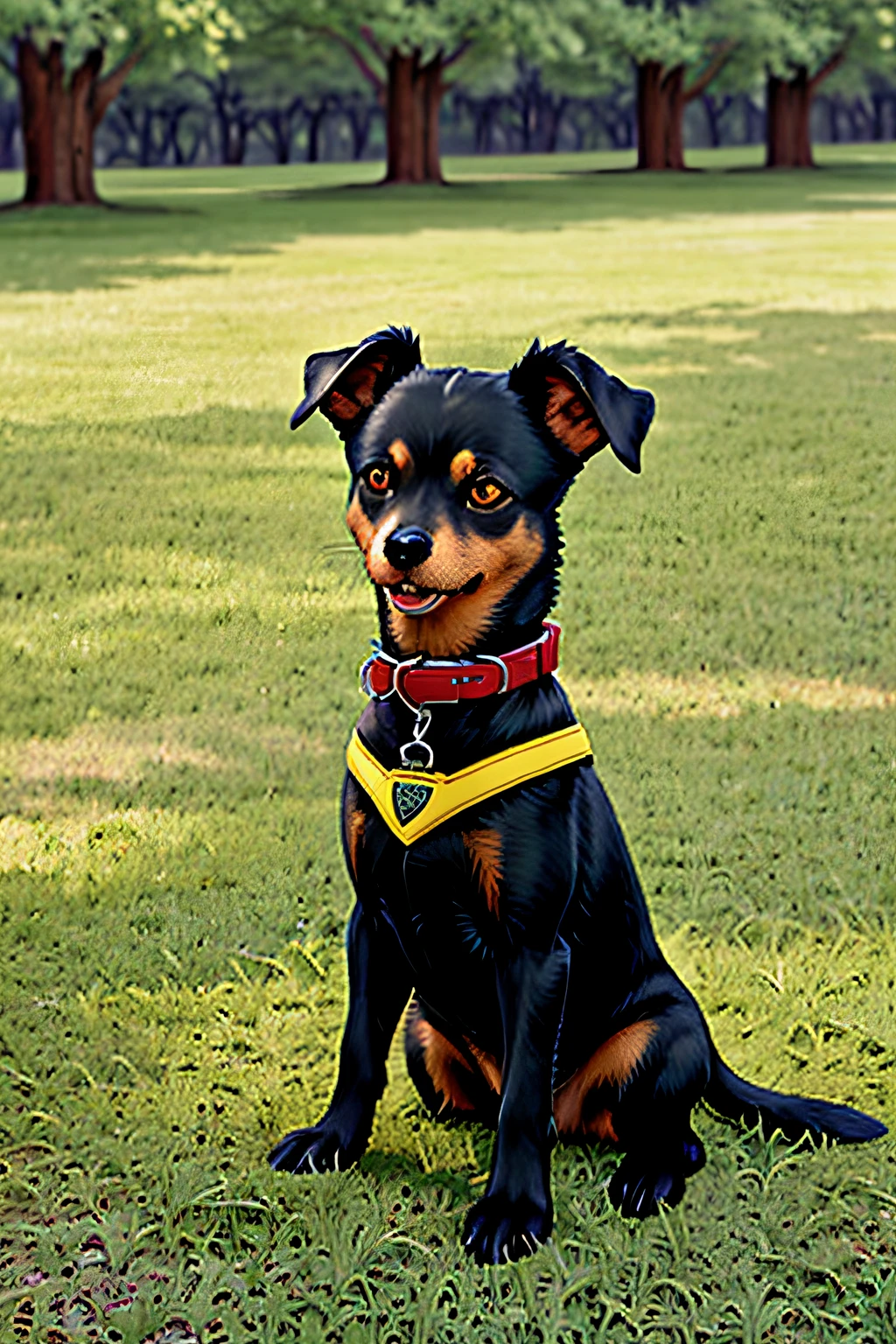 (highes definition, 8k) Estilo de livro para colorir, preto e branco, Cute and cute pinscher dog in garden with trees and flowers, estilo Disney, estilo Pixar, monocromatic