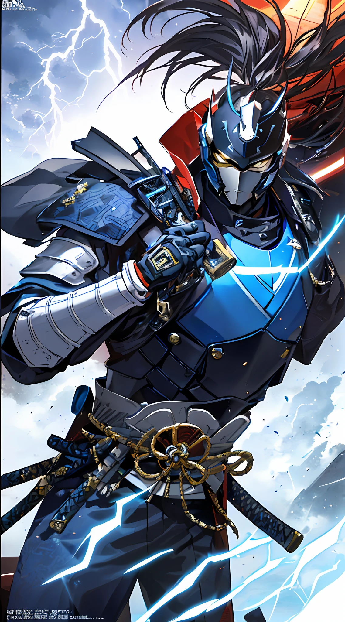 a close up of futuristic modern japan samurai in a thunder lightning suit, character, action pose, badass, black thunder lightning color reflected modern futuristic japanese armor, avatar image, official artwork, official art