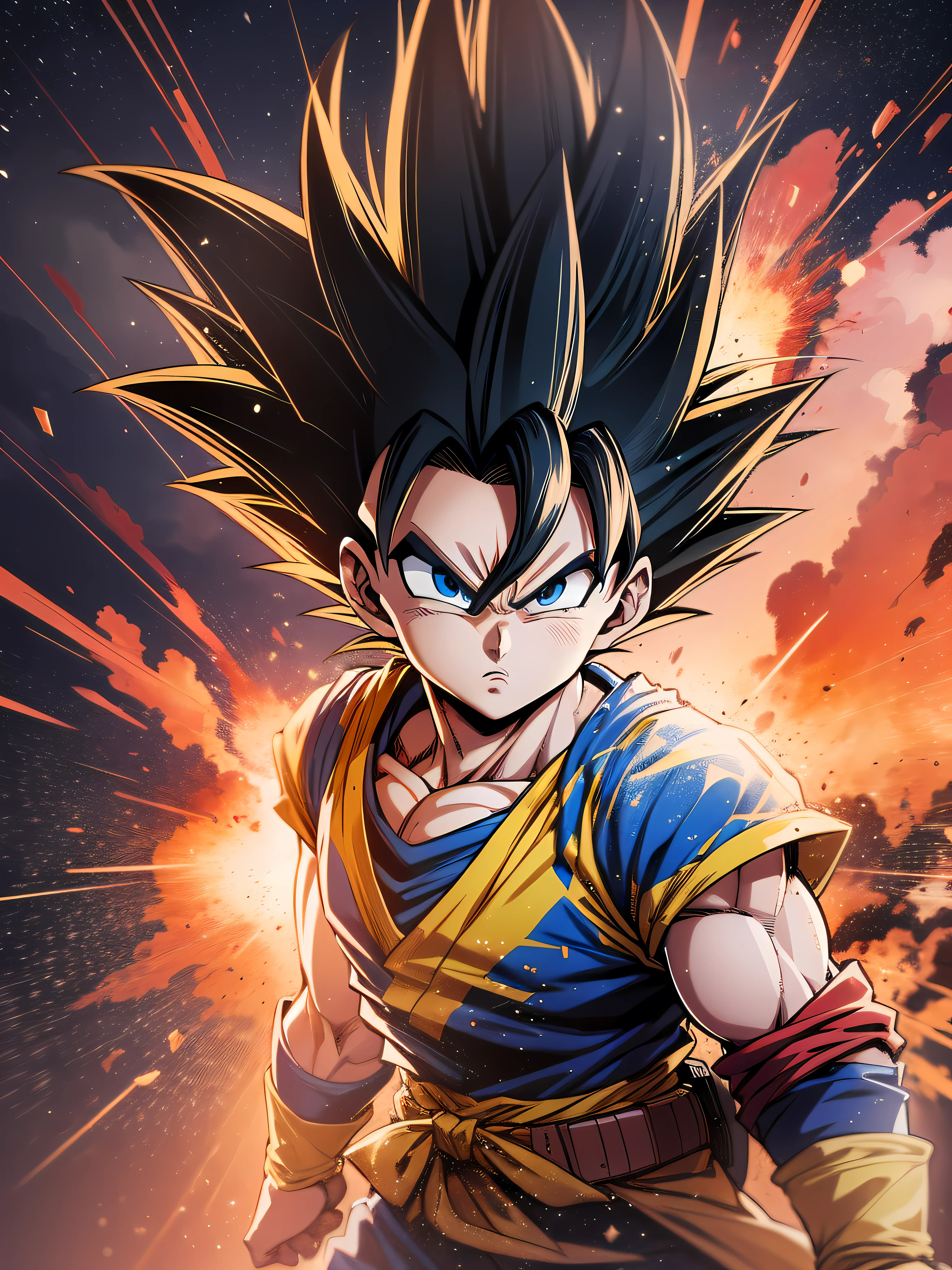 Image of GOKU against VEGETA in a battle in the sky, Dark blue sky with stars, imagem detalhada, ultra realista, anime version, Explosions and cinematic effects