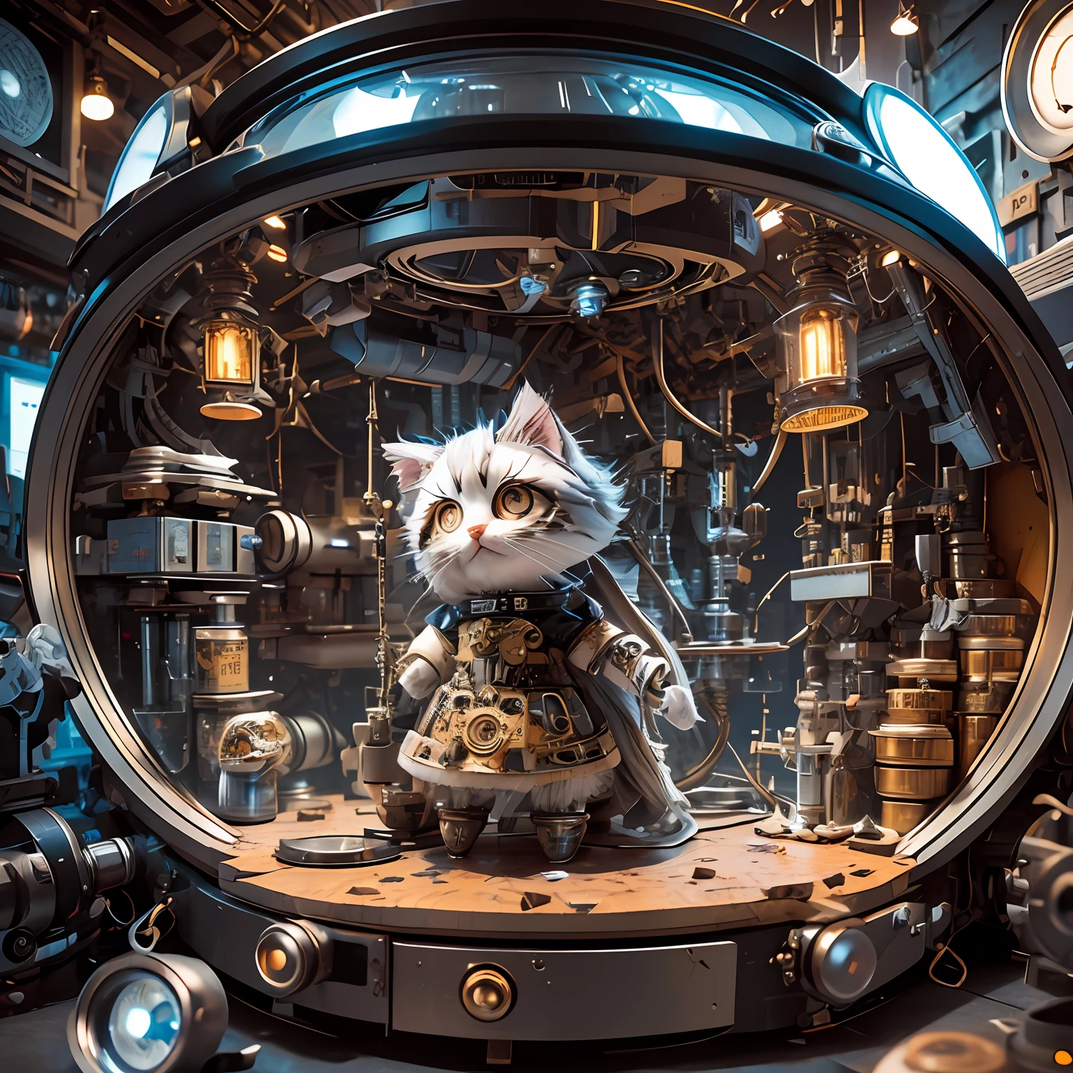A cute fluffy kitten made of metal, robot, cyberpunk style, clockwork, ((intricate detail)), HDR, big eyes, ((intricate detail, super detail)), vacuum tube or tube, cinema lens, vignette, bokeh effect background --auto