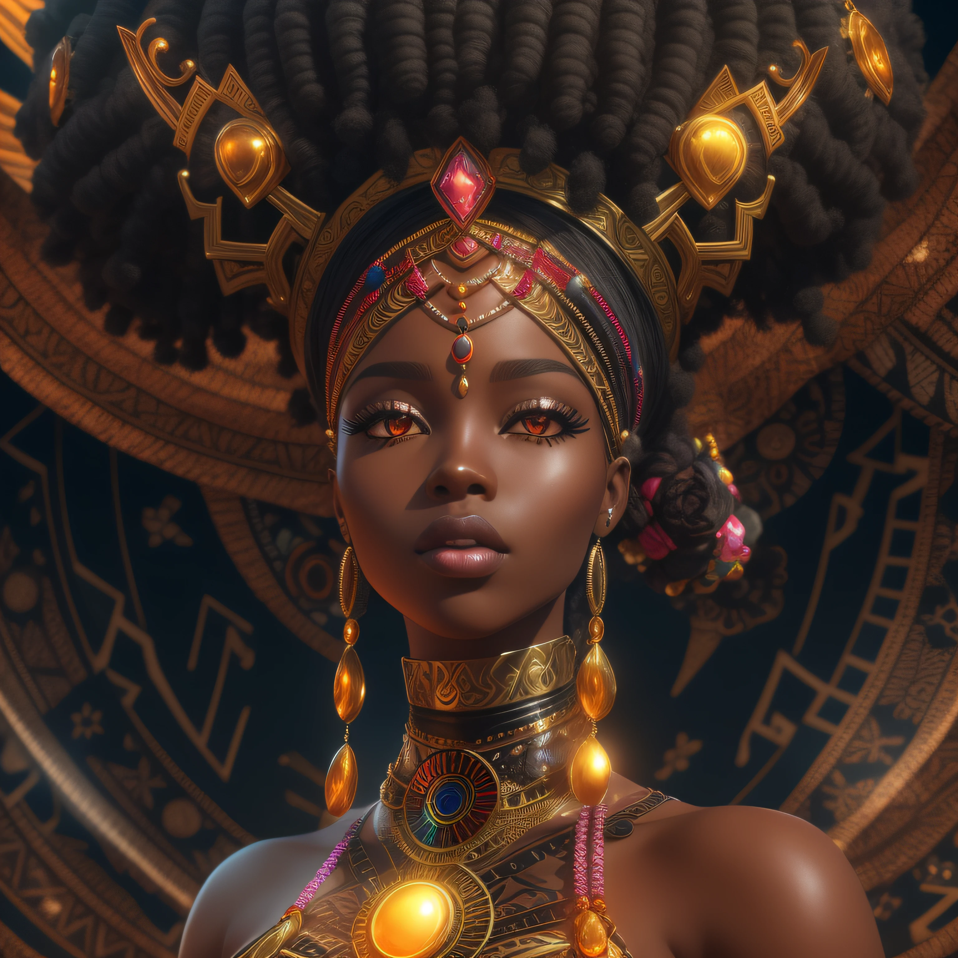 a close up of a woman in a costume with a headdress, african princess, black african princess, epic 3 d oshun, afrofuturism anime, stunning african princess, black anime manga girl, african queen, african, beautiful digital artwork, advanced digital anime art ”, african woman, dark skin female goddess of love, afro futurism, a beautiful artwork illustration