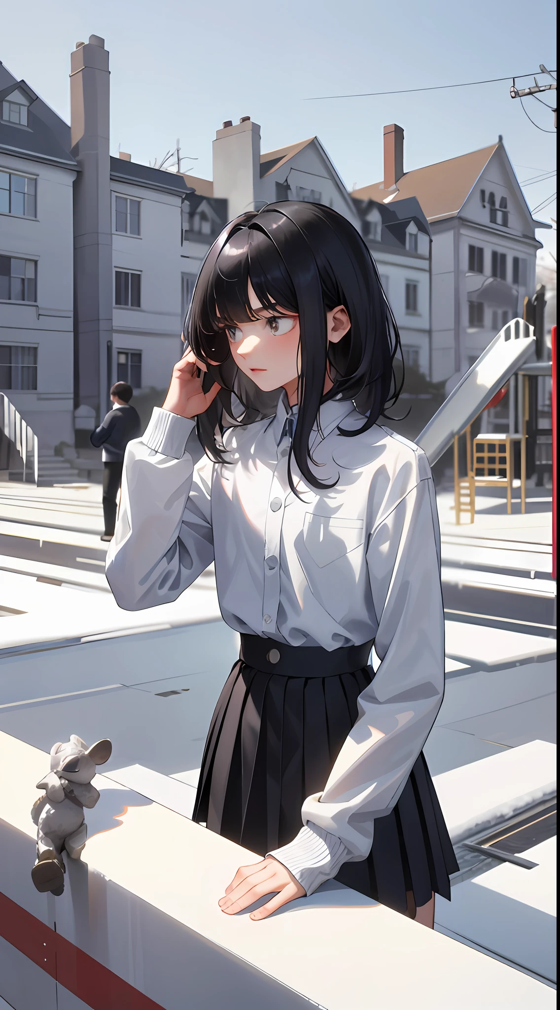 A 20-year-old man, a 20-year-old woman, a man with short black messy hair, a woman with long silver hair, in winter, white school uniform, standing on the edge of the school playground, upper body display,