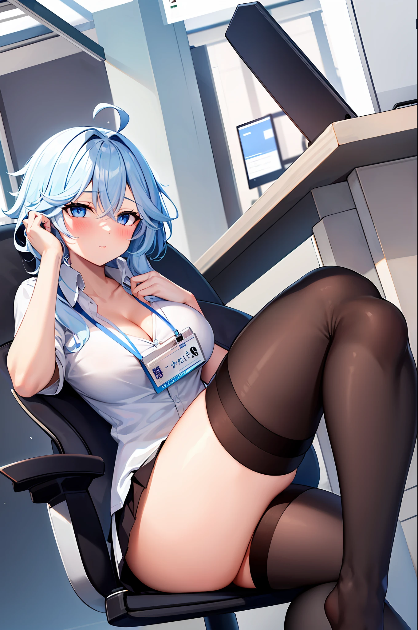 1girl, solo, ((white shirt)), black thighhighs, breasts, cleavage, uniform, office background, black skirt, pleated skirt, office,large breasts, looking at viewer, BLUE SEA HAIR, solo, thighhighs, thighs, very long hair, ((masterpiece)), sitting, chair, desk, computer on desk, name tag, id tag, indoor, blush, sexy pose,