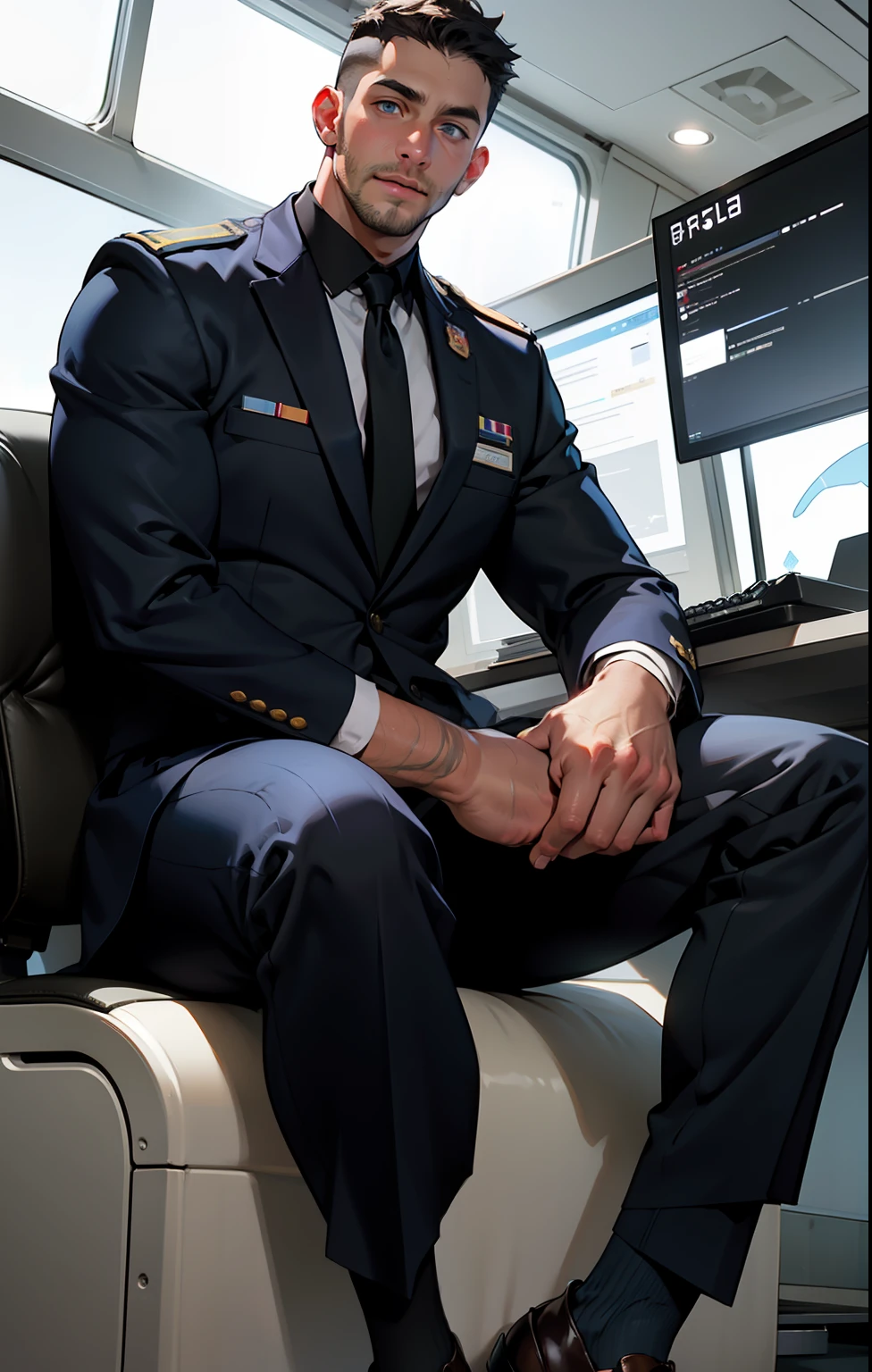 masterpiece, best quality, face, natural eyes, 1man, european, big feet, black socks, full body, (in suits), large bulge, long legs, looking at viewer, 30 years old, muscled and mature, pilot, pilot in uniform, short haircut, a pilot sitting on the desk with legs streched, in the airport Office, blue eyes, flush, organism, face covered with white fluids, sweating, tight cloth, erecting