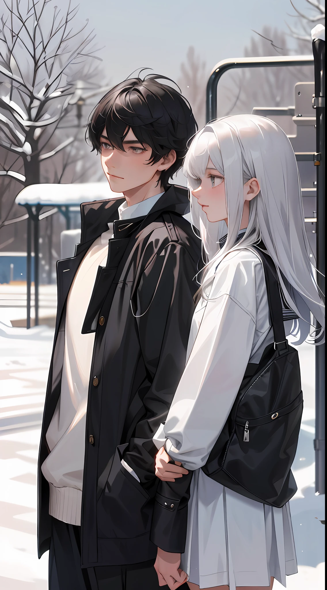A 20-year-old man, a 20-year-old woman, a man with short black messy hair, a woman with long silver hair, in winter, white school uniform, standing on the edge of the school playground, upper body display,