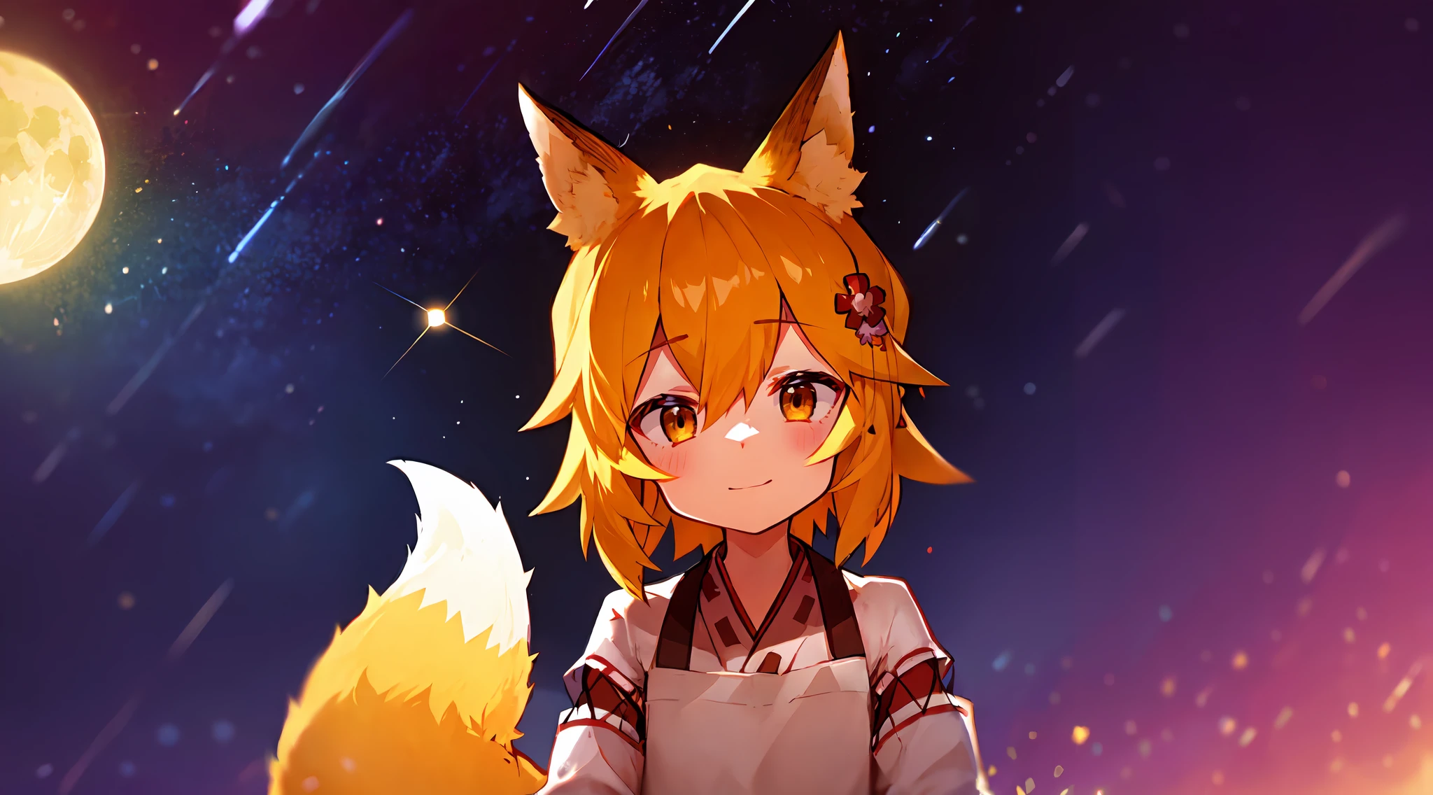 Ultra-detailed starry night scene, extremely focused image, (detailed light: 1.05), a fox girl with orange hair, small stature, solo, kimono, miko, fox ears and tail, floral hair ornament, gazing up with wonder in her crisp, luminous emerald eyes, enchanted smile on her flawless face, dazzlingly clear night sky filled with two sharp, detailed moons, brilliantly vivid constellations swirl overhead, notes of rich purple, blue and green fill the crisp sky, representing her sense of awe and hope, elegant beauty, masterful depth, textures and details