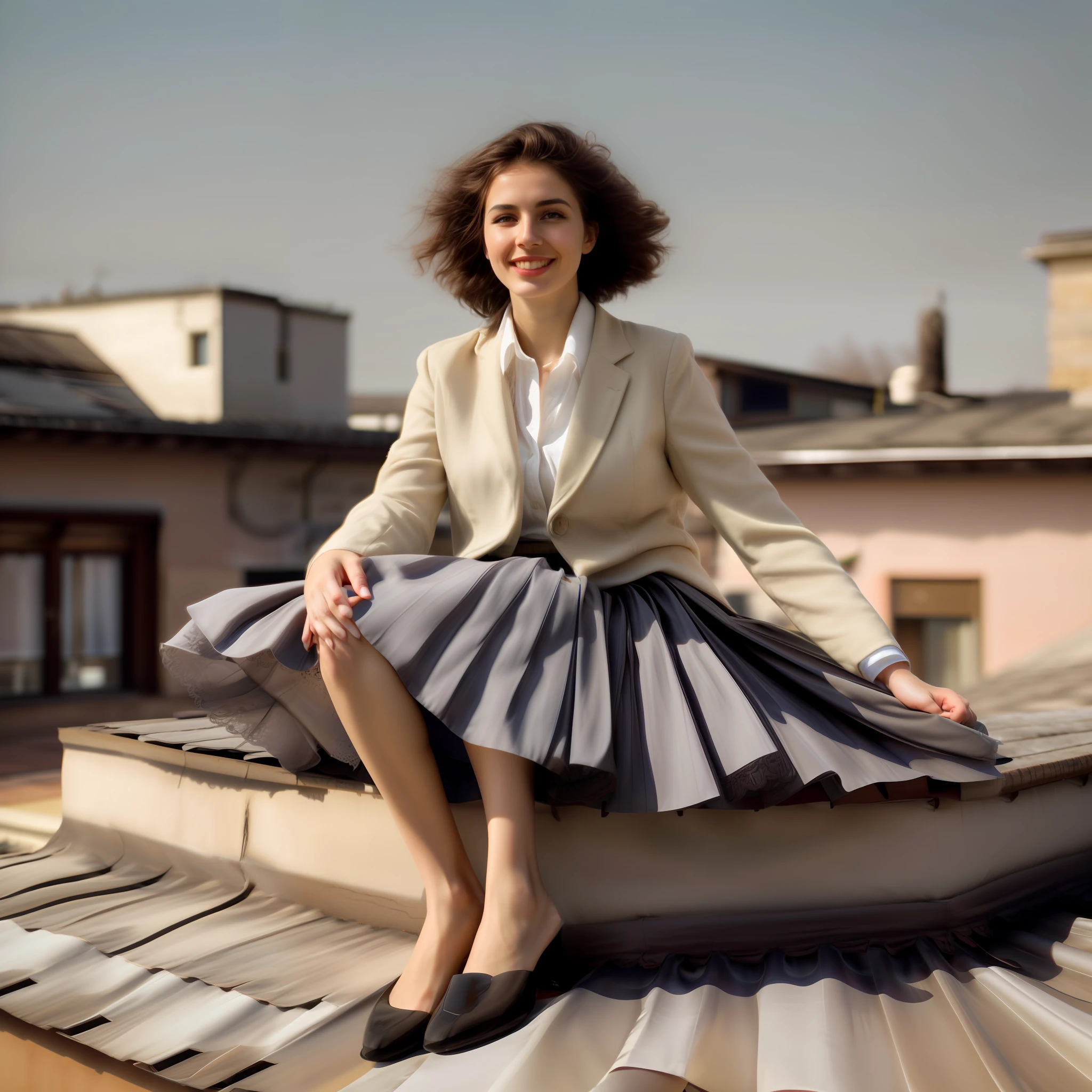 (shy smiling) woman sitting on a roof outside and playing with her skirt and spreading her skirt all over the roof, authentic (kind and tender) good woman wearing a short blazer with a very very detailed (long (fully pleated) full circle skirt) and (simple) low heeled office shoes, very very intricate hyper-detailed symmetric (attractive graceful young feminine face) with (sad, tired eyes and a shy smile), large breasts, full of empathy and compassion and love, (pronounced (feminine) features), (highly detailed ultra accurate realistic) hands and fingers, (windy conditions and wind blowing), epic composition, highly detailed attributes, highly detailed atmosphere, (35mm f1.4 Kodak portra 400 photograph), extremely high quality RAW photograph, detailed background, intricate, Exquisite details and textures,