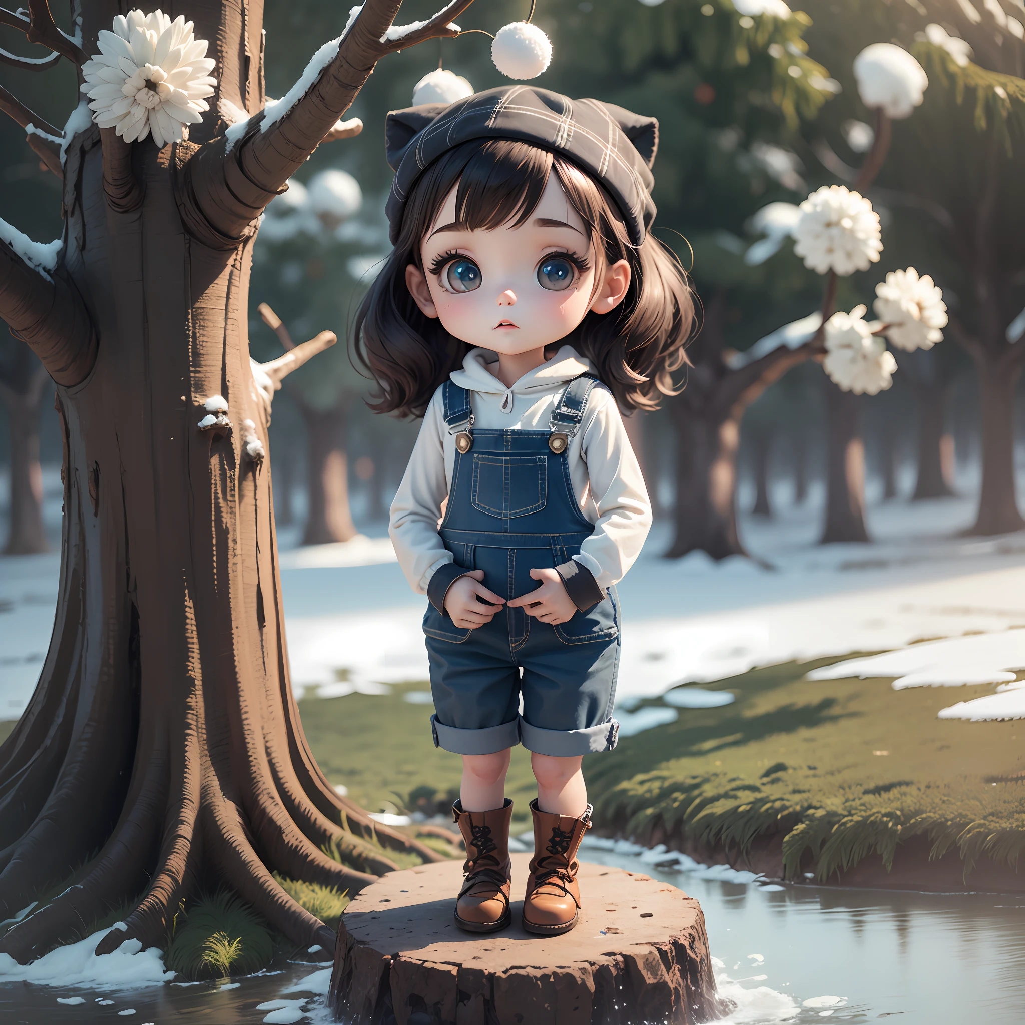 Uma personagem boneca girl, branca olhos castanhos, Pixar, Cabelo grande Preto, Pixar kawaii, Cartoon style 3D HD well detailed winter afternoon scenery vesrindo overalls --V4 --auto --s2
