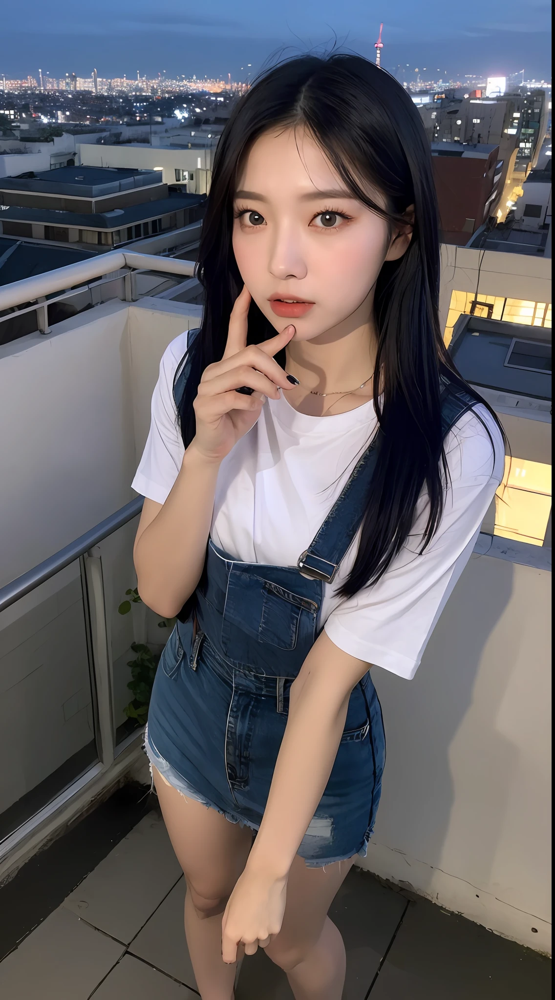((Midnight, Best quality, 8k, Masterpiece :1.3)), Whole body, Long legs, Sharp focus :1.2, A pretty woman with perfect figure :1.4, Slender abs :1.1, ((Dark blue hair, small breasts :1.2)), (White tight tshirt, Jean bib, Standing:1.2), ((Night city view, Rooftop:1.3)), Highly detailed face and skin texture, Detailed eyes, Double eyelid