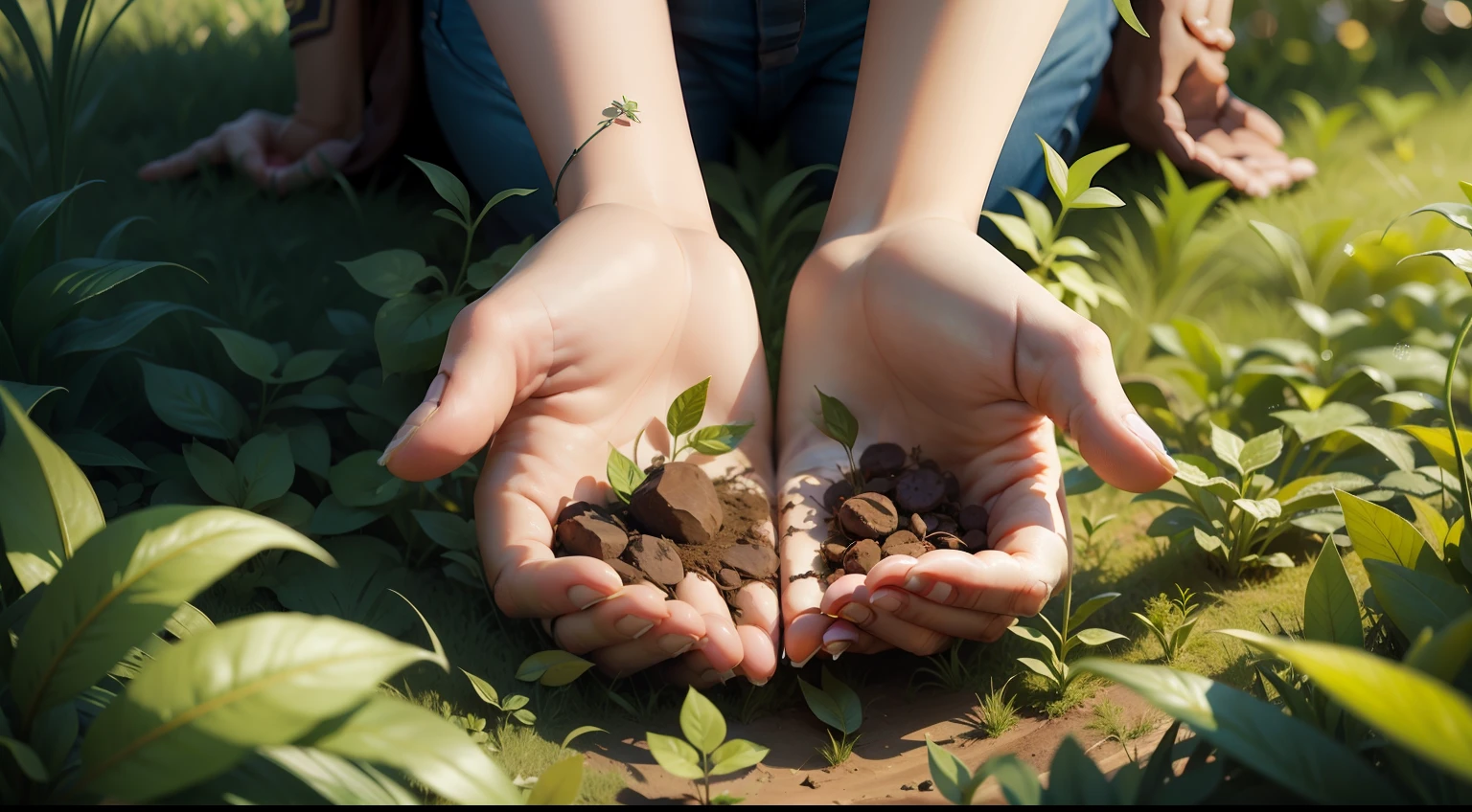 Plantando semente em um campo, only the hands.