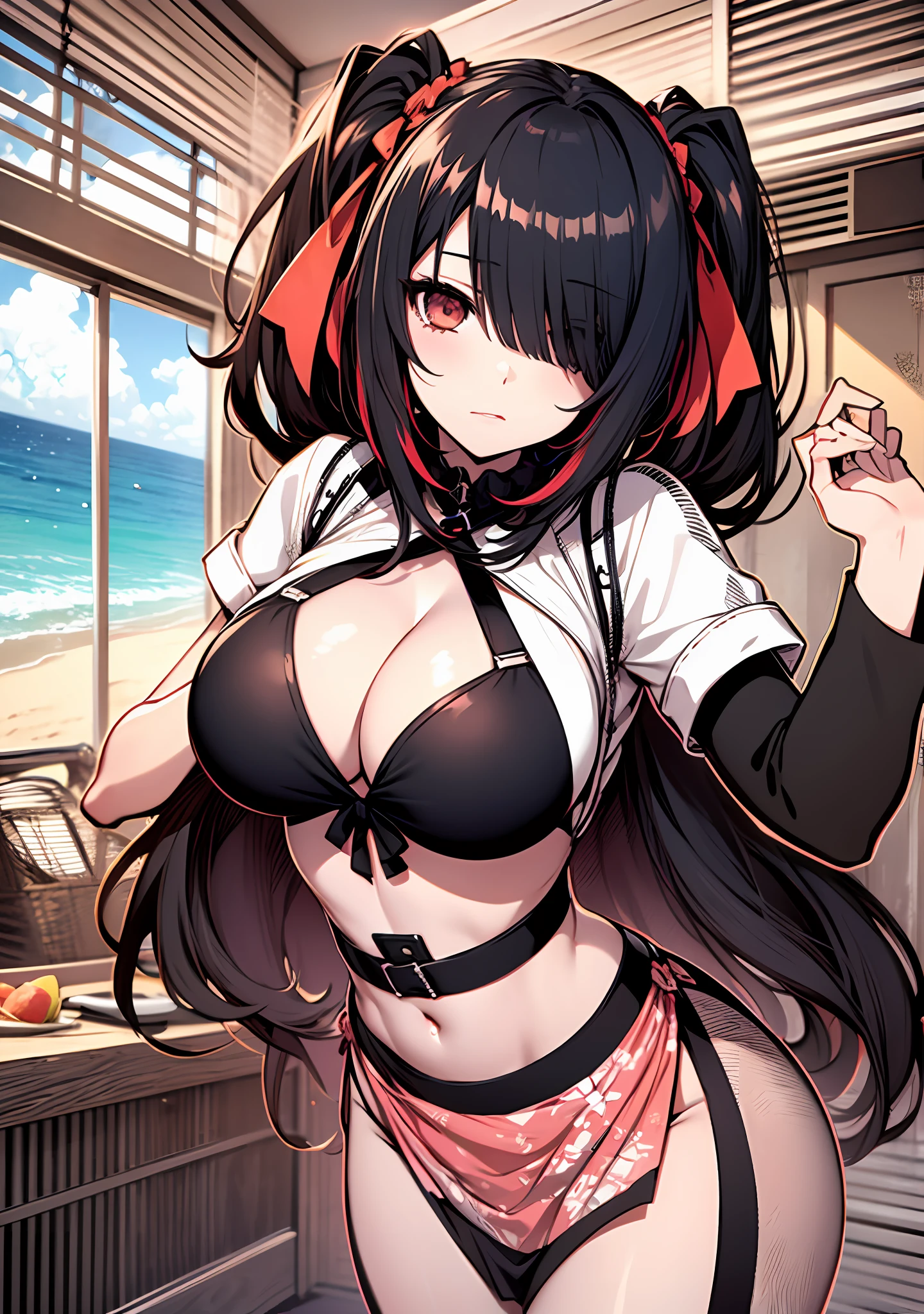 Masterpiece, high quality, 1girl, tokisaki kurumi, long hair, black hair, monochrome, ((right eye red:1, left eye yellow:1)), apron, low twintails, big breast, sexy body, full body, gesugao face, cool, beach