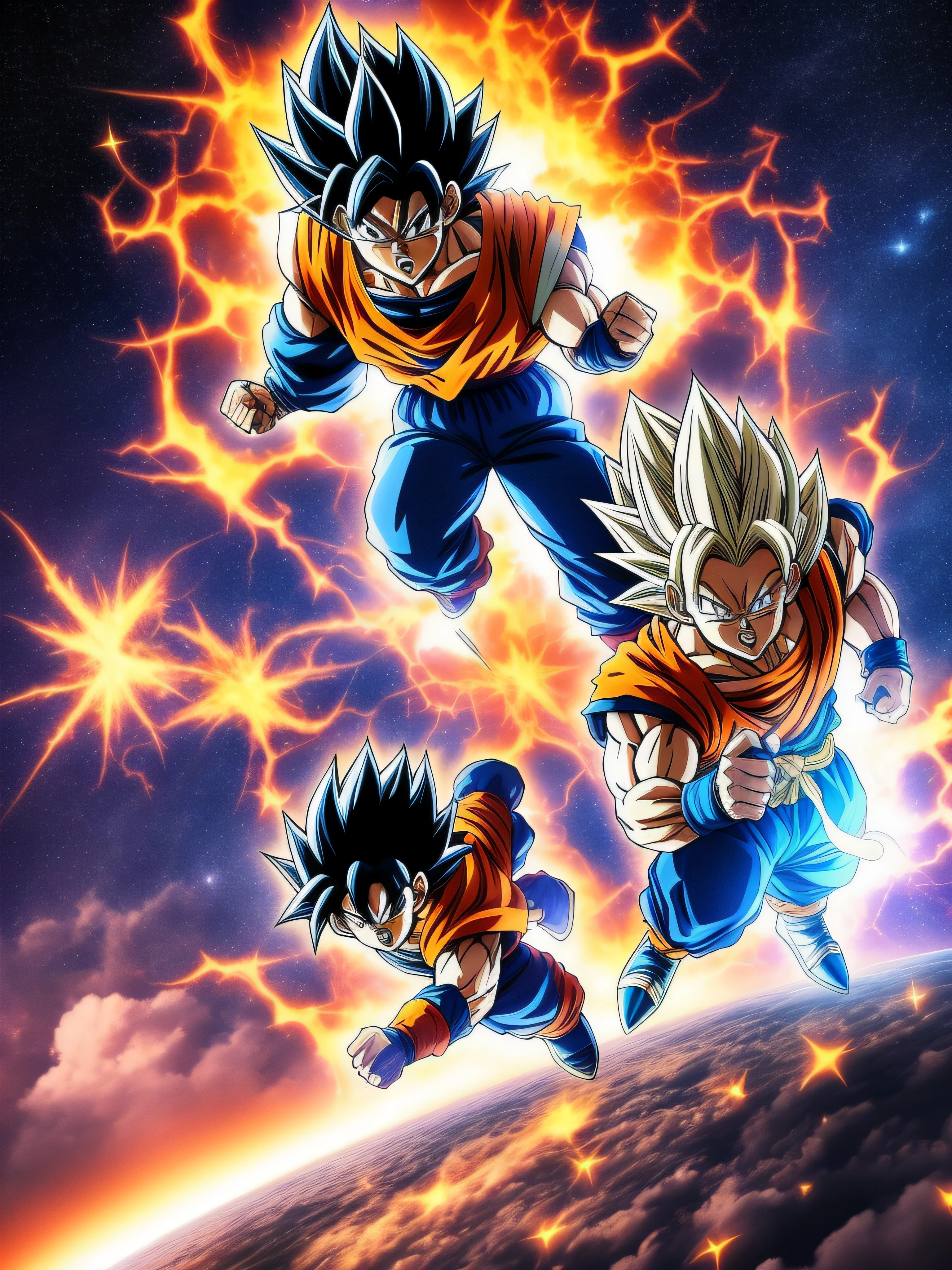 Image of GOKU against VEGETA in a battle in the sky, Dark blue sky with stars, imagem detalhada, ultra realista, anime version, Explosions and cinematic effects