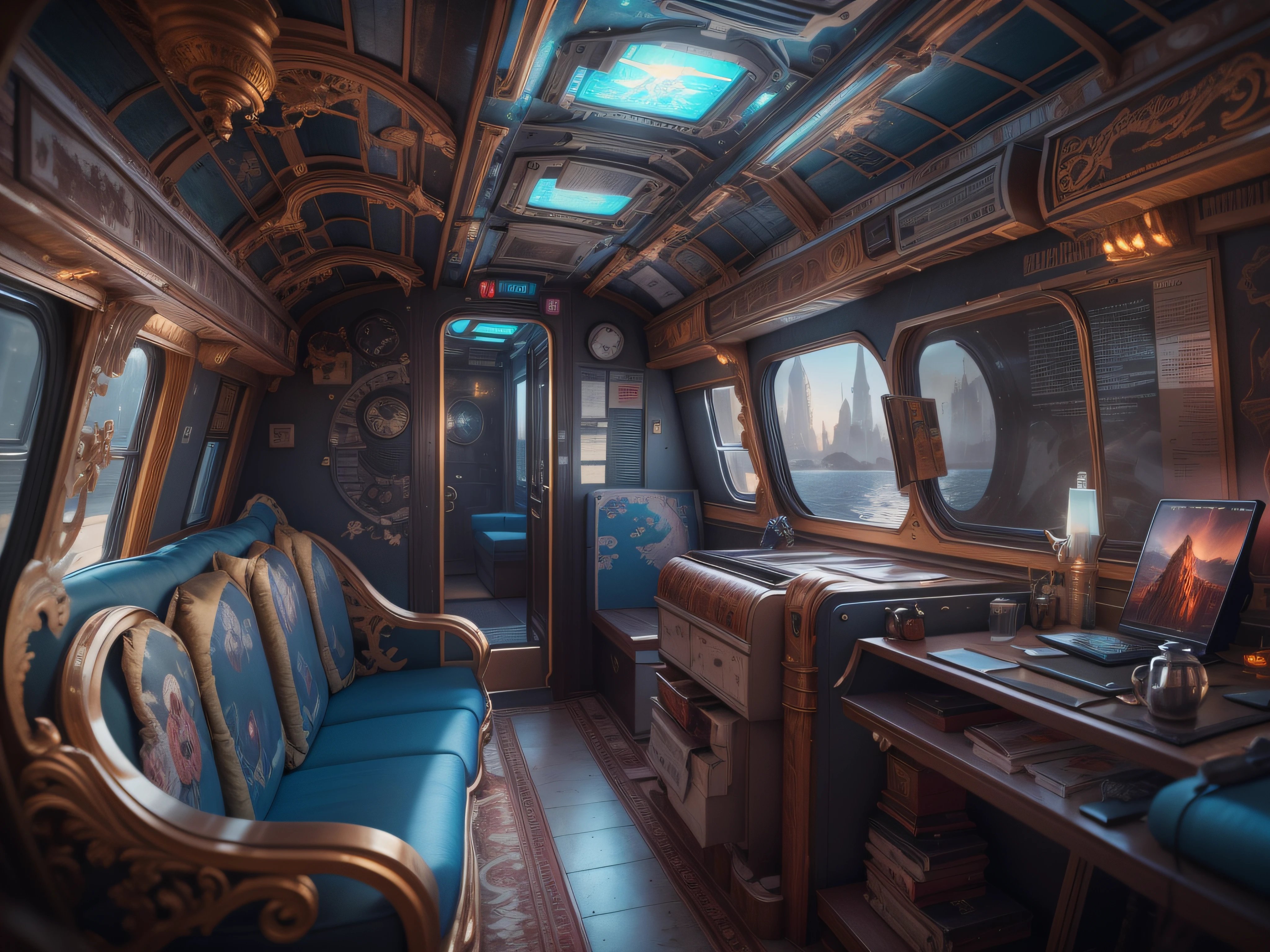biomechanical steampunk futuristic bus interior, modern luxury yacht, blue red and carbonfiber, intricately detailed & decorated, gothic and baroquegiger, intricate artwork masterpiece, ominous, matte painting movie poster, golden ratio, trending on cgsociety, intricate, epic, trending on artstation, by artgerm, h. r. giger and beksinski, highly detailed, vibrant, production cinematic character render, ultra high quality model