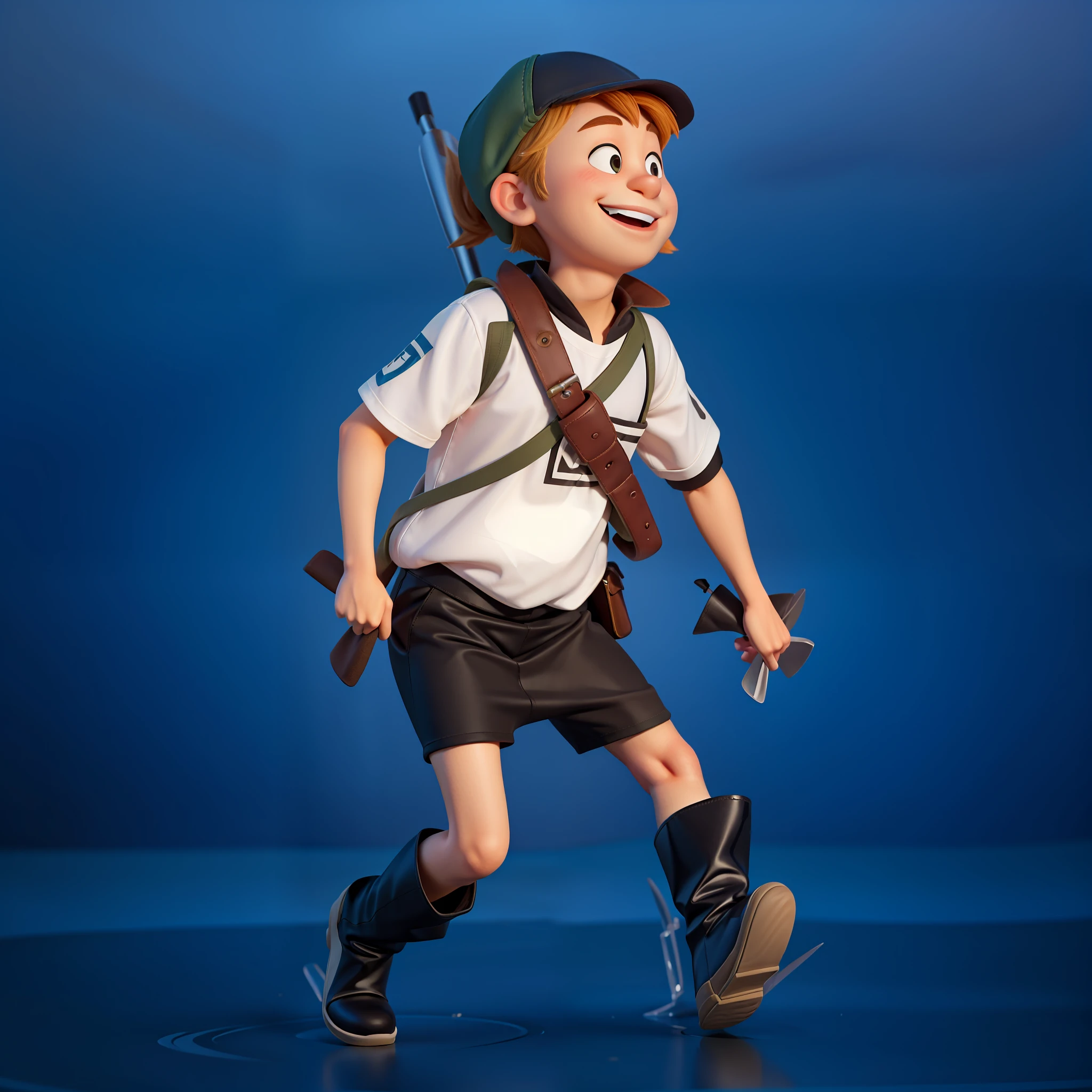 A cartoon character of hunter, wearing long boots, traditional burmese, forest background, white shirt, wearing hat, clear face, no blur face, no hair, not holding anything, smiling, bare hands