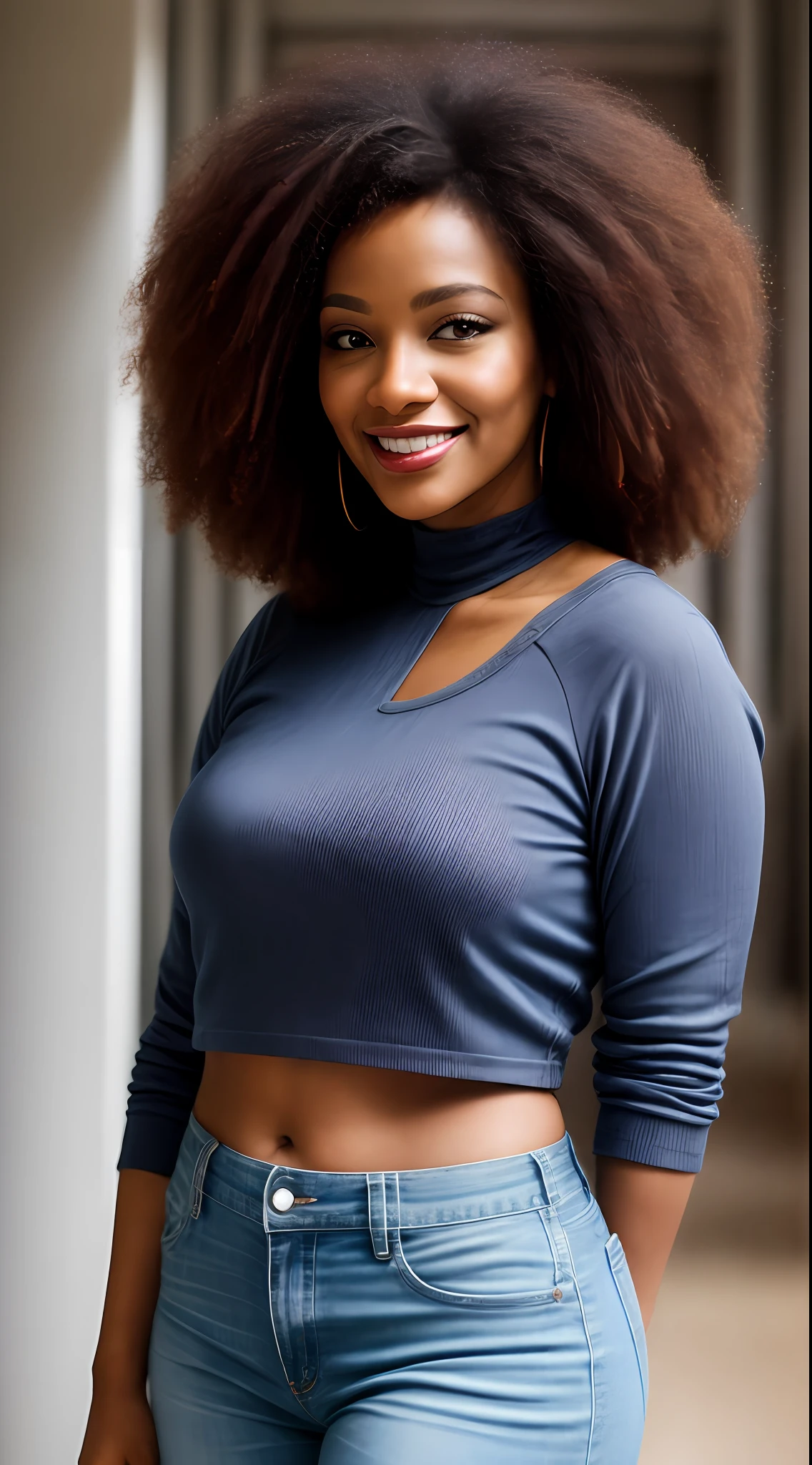 A portrait of a beautiful semi curvy black woman, por volta dos seus 40 anos, baixa estatura, Afro curly hair at neck height, olhos castanhos escuros, sorriso contagiante, body semi curvilíneo, (Blusa branca decente), jeans azul, Bem vestida, casada, standingn, oficina de Costura, fotografia hiperdetalhada, luz suave, head and breast portrait, cobrir, best quality, (rosto bonito detalhado, textura da pele do detalhe, corpo ultra-detalhado:1.1)