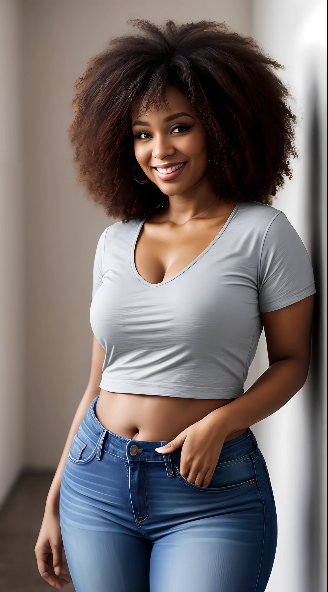 A portrait of a beautiful semi curvy black woman, por volta dos seus 40 anos, baixa estatura, Afro curly hair at neck height, olhos castanhos escuros, sorriso contagiante, body semi curvilíneo, (Blusa branca decente), jeans azul, Bem vestida, casada, standingn, oficina de Costura, fotografia hiperdetalhada, luz suave, head and breast portrait, cobrir, best quality, (rosto bonito detalhado, textura da pele do detalhe, corpo ultra-detalhado:1.1)