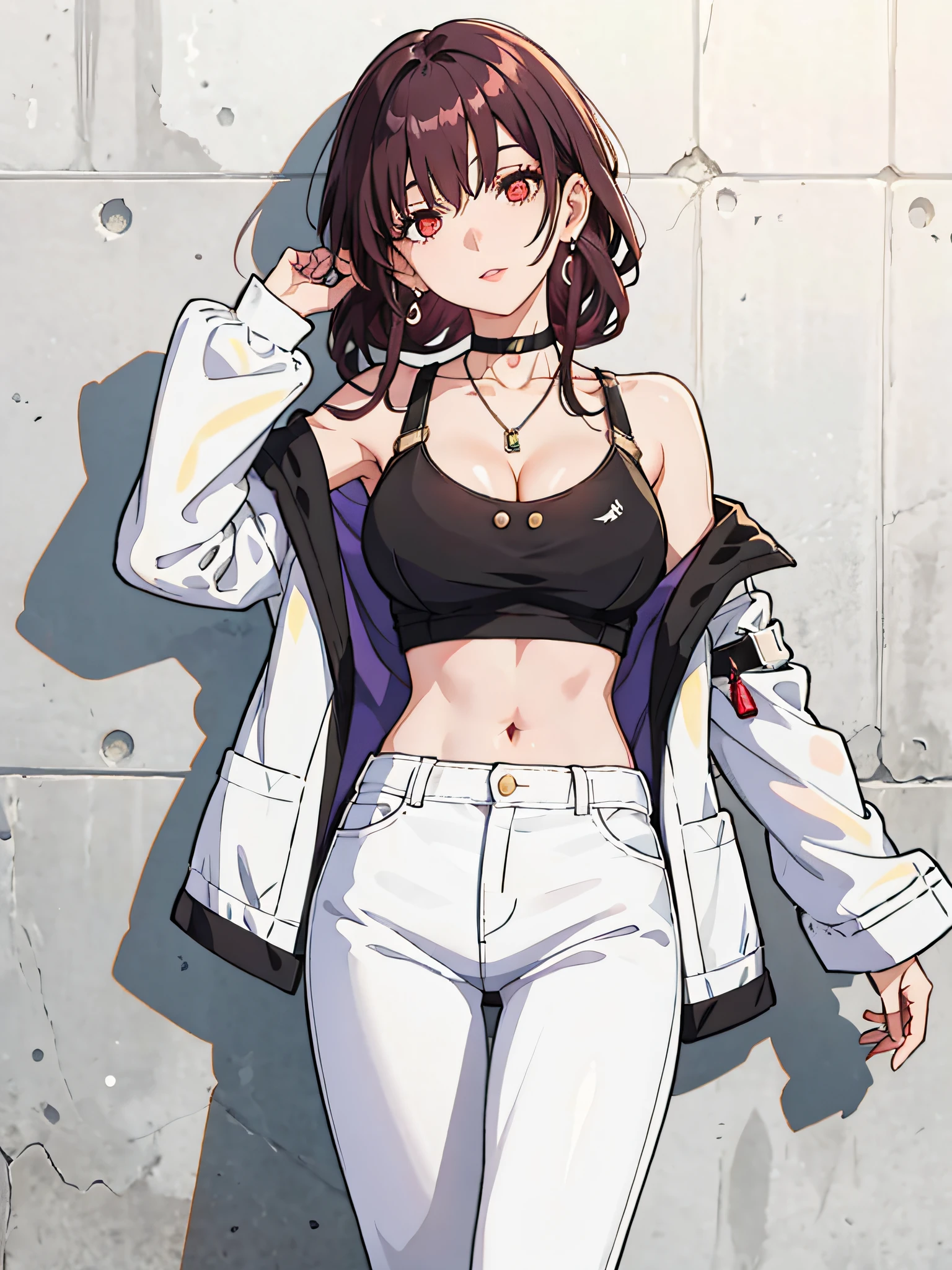 1girll, leaning back against the wall, Large breasts, Solo, White pants, White crop top, White jacket, Long hair, navel, Red eyes, cropped shoulders, choker necklace, jewelry, view the viewer, Earrings, Open clothes, Brown hair, cleavage, midriff, Bare shoulders, 鎖骨, Sleeveless, standing,the street