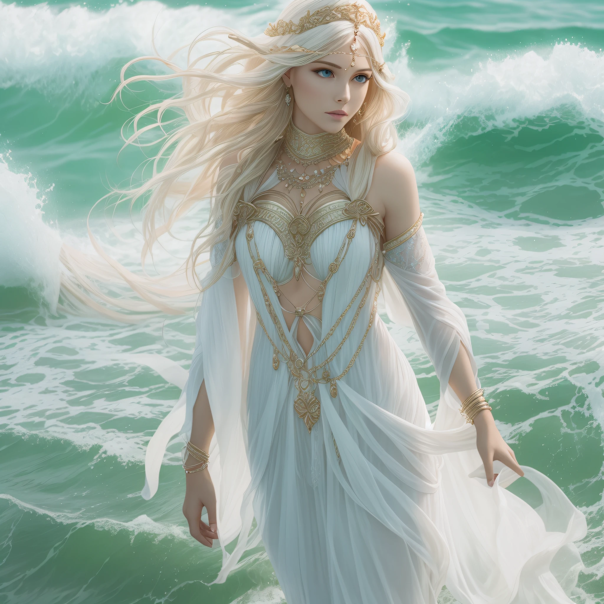 A white blonde goddess is coming from Ocean, she is standing above waters