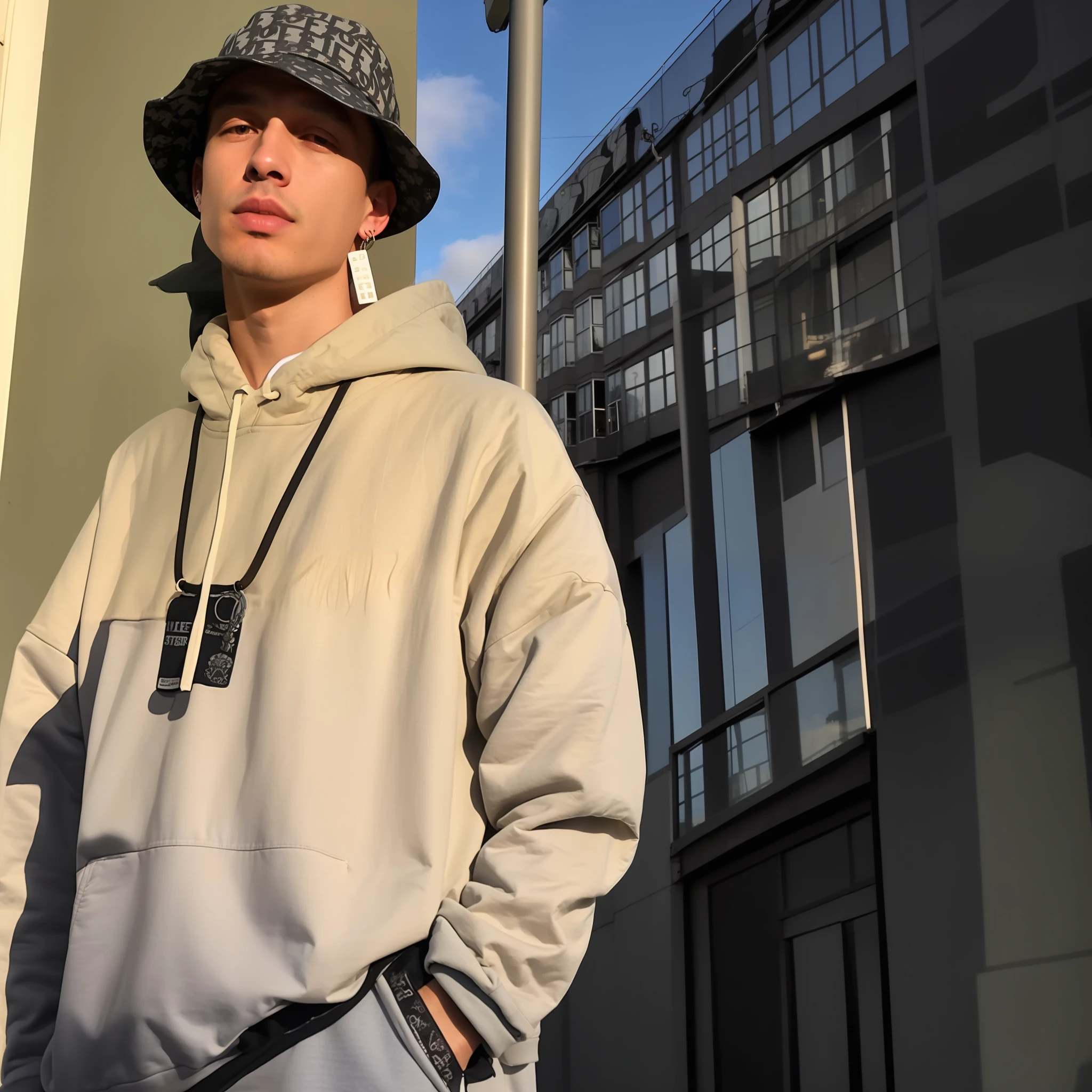 An Alafed man wearing a hat and gray sweatshirt stands in front of the building, he's wearing a hat, trending on r/Street attire, wearing a fisher 🧥, bladee from drain gang, hat and hoodie, wearing a cute hat, Wearing a hat, portrait of jossi of blackpink, wearing a baggy, wearing a chocker and cute hat