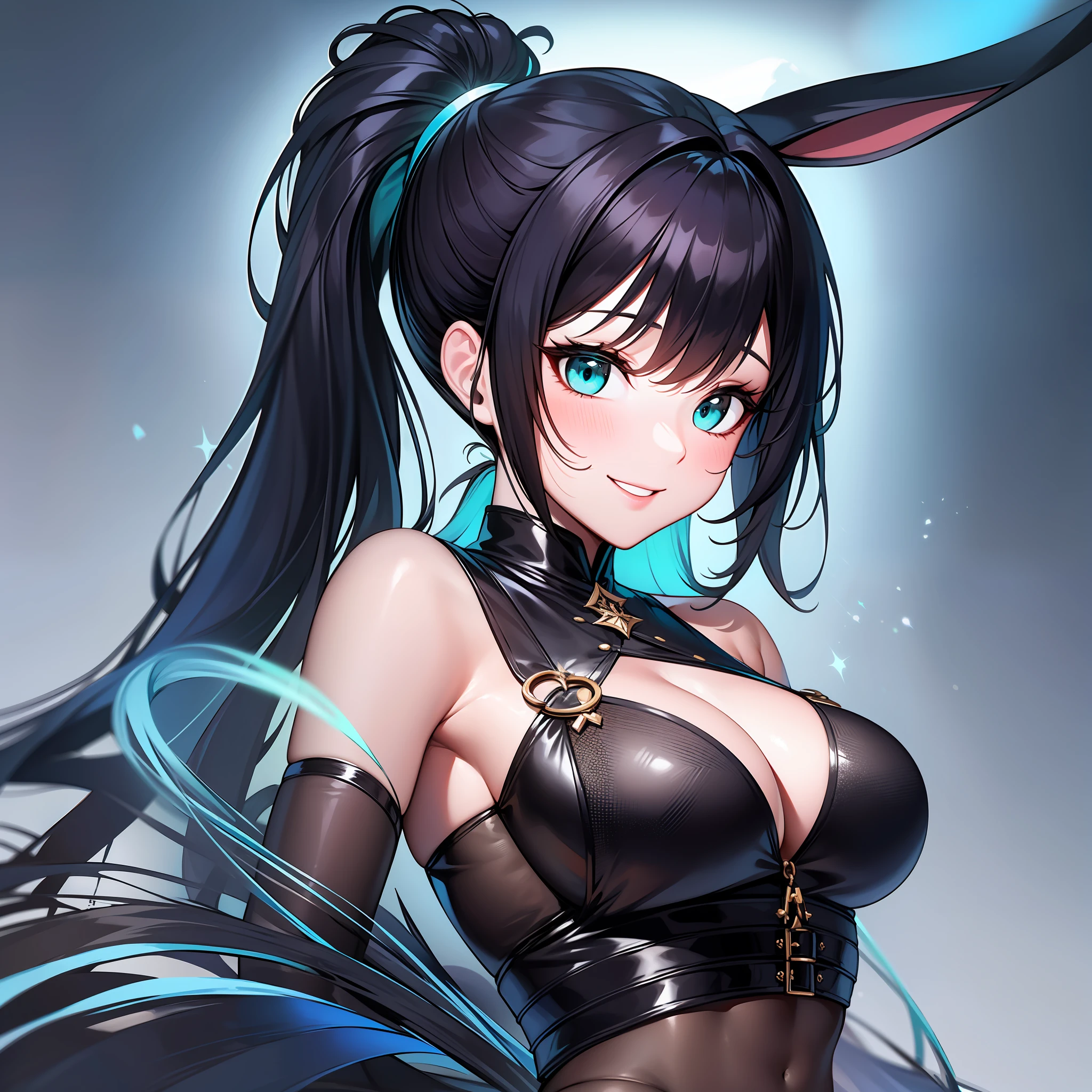 An adult woman, black hair with turquoise strands, gathered in ponytail, rabbit ears and a tail, a black outfit with an open chest and a top, with a lot of details, an empty look, a crazy smile