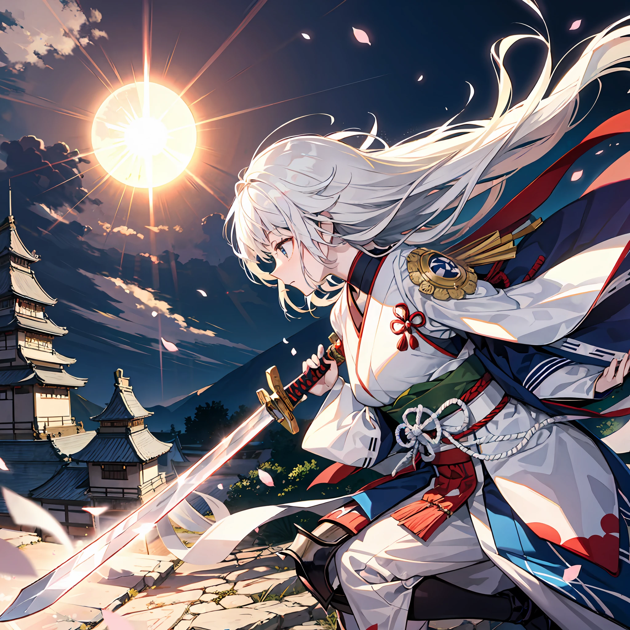 japanese castle background,1samurai, white samurai,white hair,Japanese sword,swing a sword,sun,profile,jump