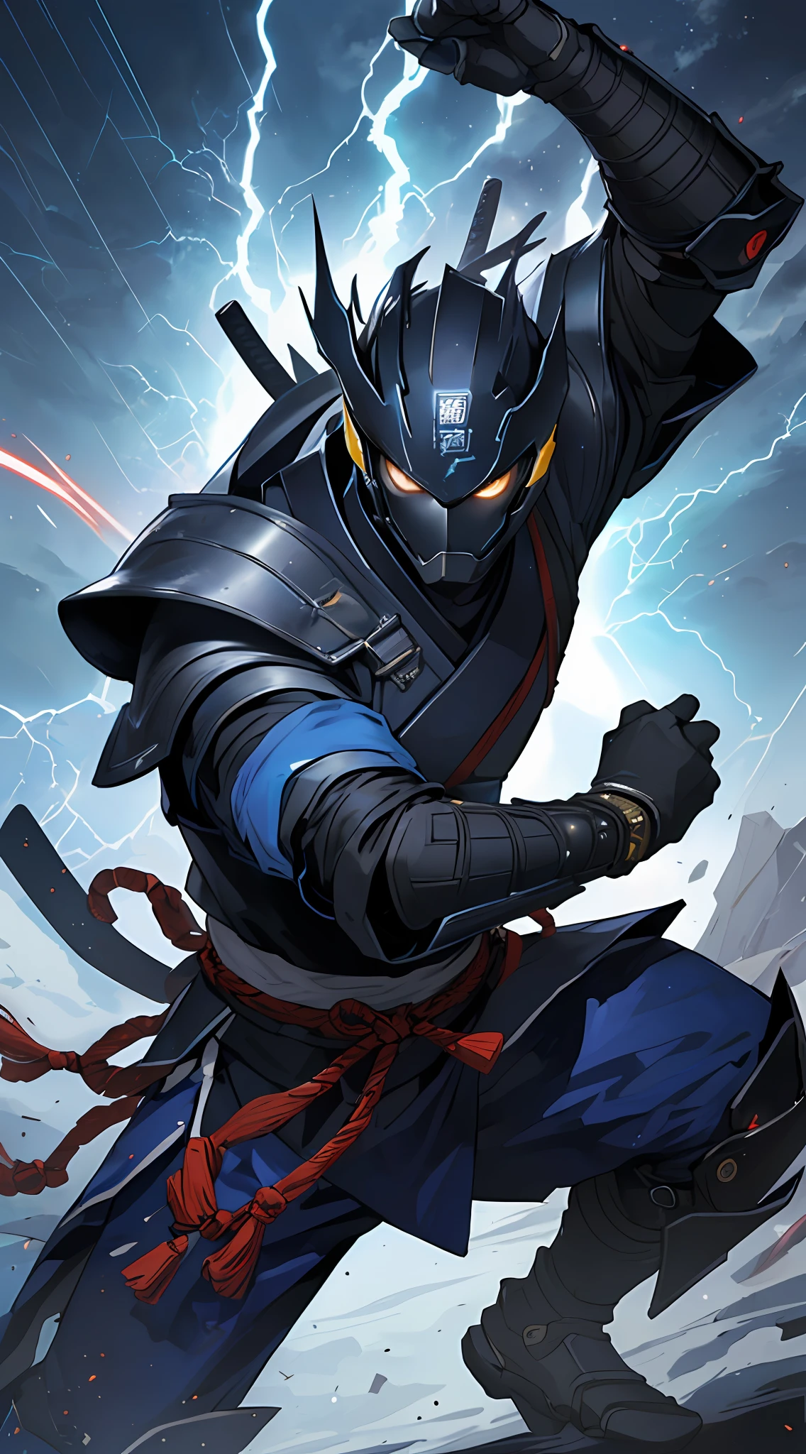 a close up of futuristic modern japan samurai in a thunder lightning suit, character, action pose, badass, black thunder lightning color reflected modern futuristic japanese armor, avatar image, official artwork, official art