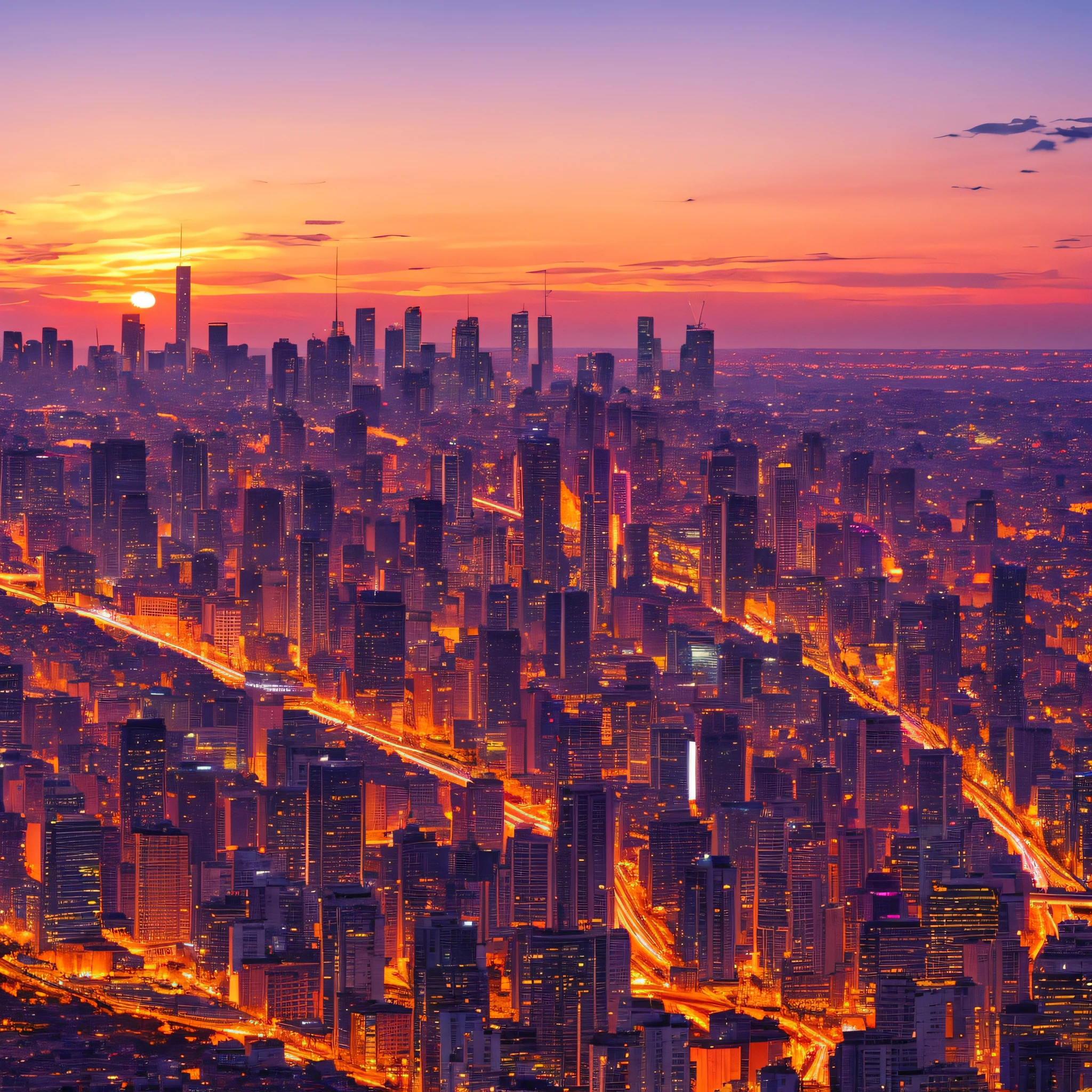 puesta de sol de una ciudad tipo metropolis, relajante, con fondo con colores rosa, naranja y morado
