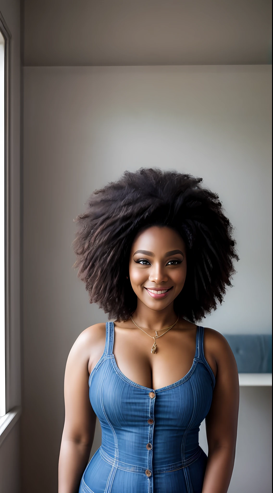 A portrait of a beautiful curvy black woman, por volta dos seus 40 anos, baixa estatura, Afro curly hair at neck height, olhos castanhos escuros, sorriso contagiante, body semi curvilíneo, Blusa branca decente e jeans azul, Bem vestida, casada, standingn, oficina de Costura, fotografia hiperdetalhada, luz suave, head and breast portrait, cobrir, best quality, (rosto bonito detalhado, textura da pele do detalhe, corpo ultra-detalhado:1.1)