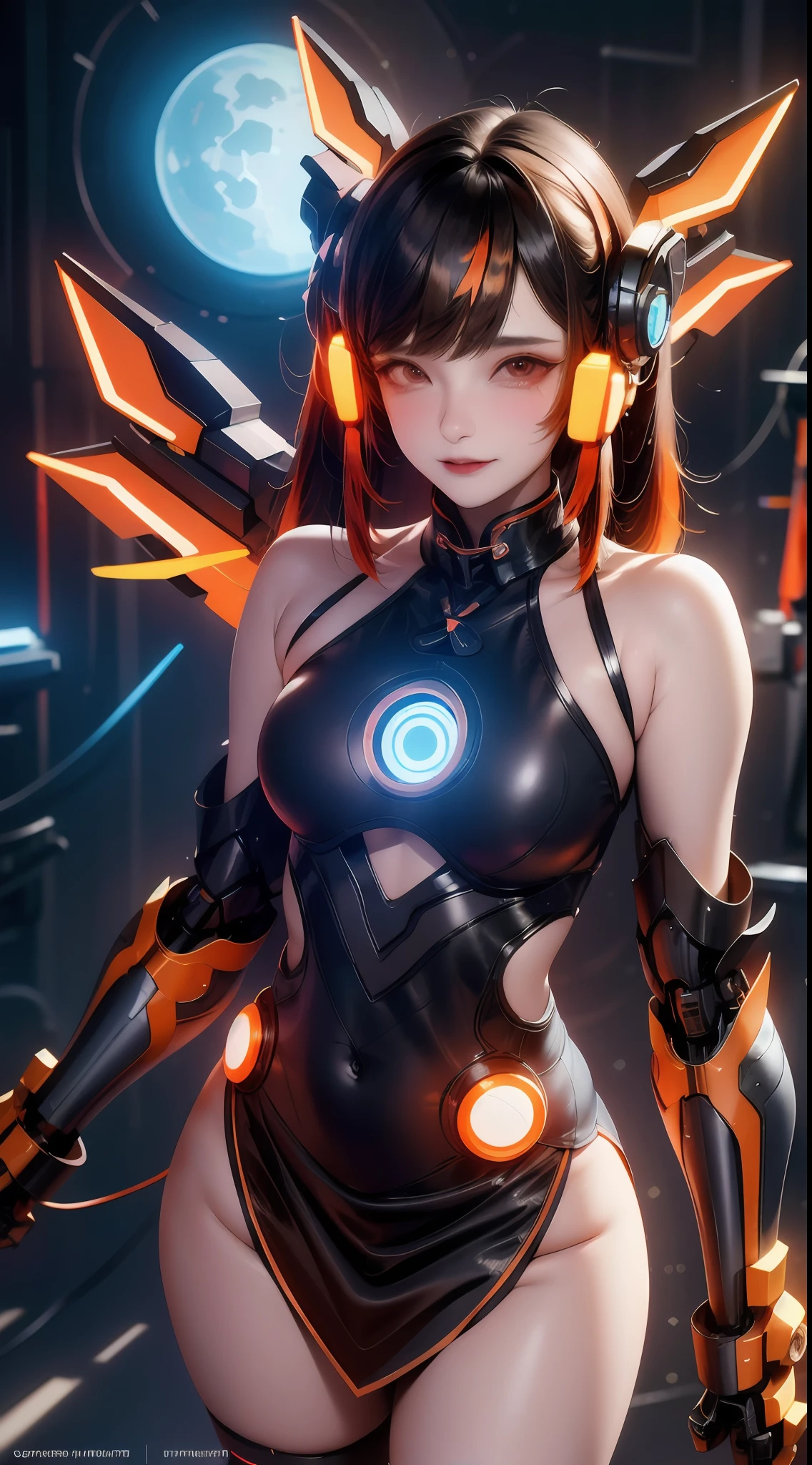 1 girl, Chinese_clothes, metallic black titanium and orange, cyberhan, cheongsam, cyberpunk city, dynamic pose, detailed luminous headphones, glowing hair accessories, long hair, luminous earrings, glowing necklace, cyberpunk, high-tech city, full of mechanical and futuristic elements, futurism, technology, glowing neon, orange, orange light, fluorescent orange, skirt, cape, coat, laser, digital background, urban sky, big moon, with vehicle, best quality, masterpiece, 8K, Character edge light, super high detail, high quality, the most beautiful woman in human beings, slight smile, face facing front and left and right symmetry, ear decoration, beautiful pupils, light effects, visual data, pick and dye orange, dye hair, super detail facial texture, happy and proud, weapon system, mecha style, crowded street passers-by, mechanical wings, super light and shadow