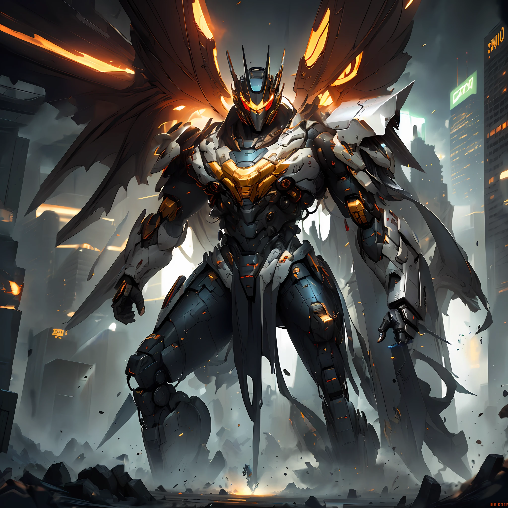 Close-up of a giant robot next to a futuristic style tall building, style of raymond swanland, batman mecha, High quality digital concept art, inspired by Raymond Swanland, author:Jeremy Chang, blizzard game concept art, Riot game concept art, by Raymond Swanland, trending on artstation hd, Mecha wings, Official Splash Art, Amazing 8K character concept art