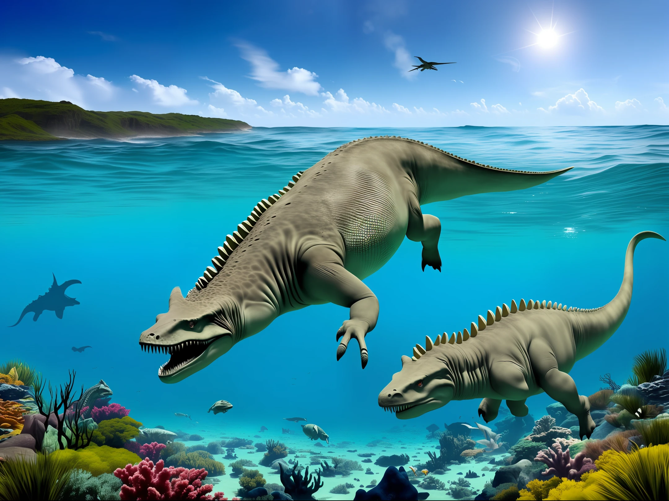 Prehistoric Earth 66 million years ago,The sky is full of flying behemoths,In the depths of the ocean swim huge reptiles,Various dinosaurs on land,Facing an existential crisis,8k hyper-realistic wallpaper,real photograph