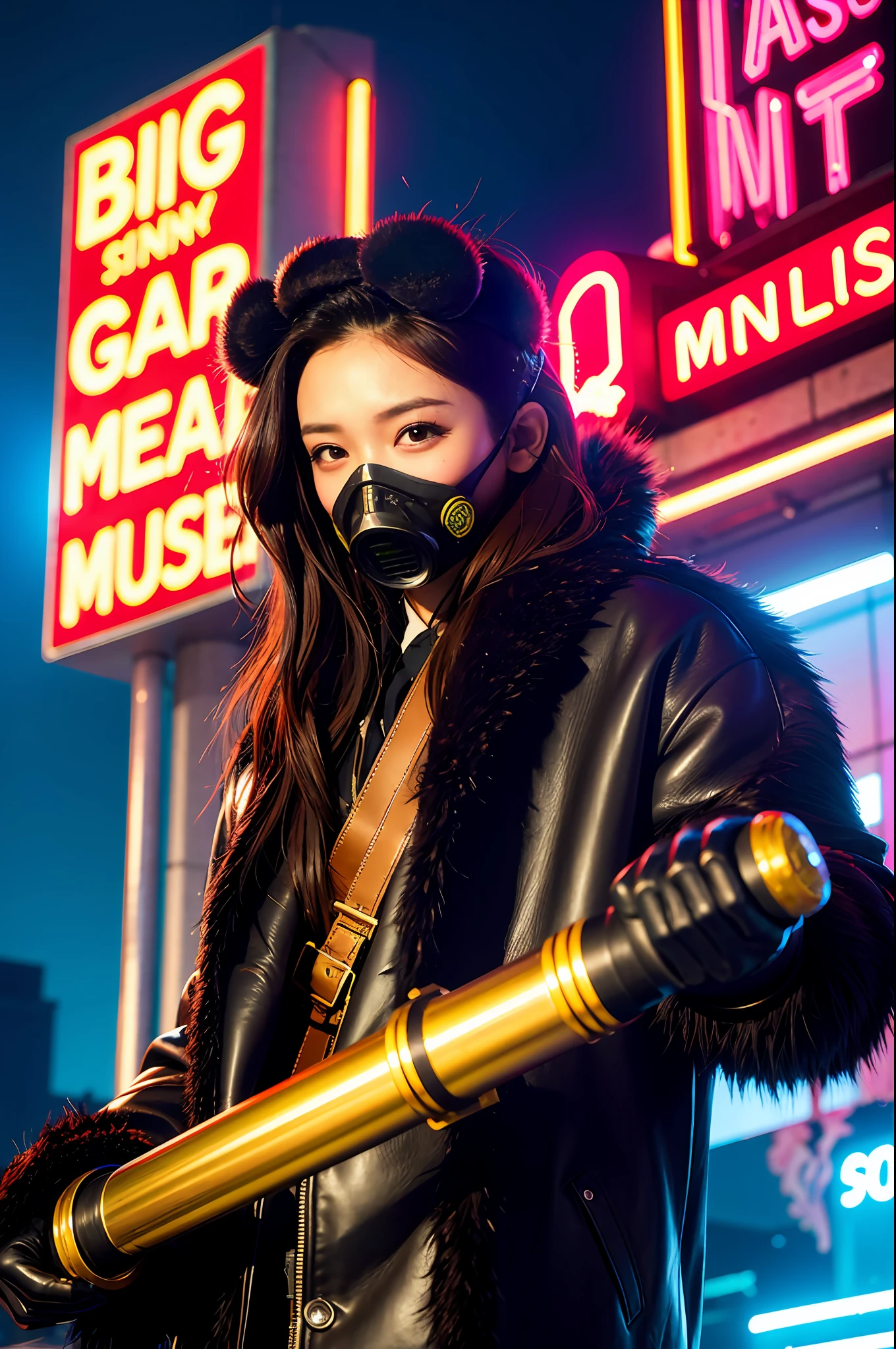 Big gas mask, fur coat, dictator, tattoo of a large dragon, tattoo all over the body, glowing headgear, rooftop, huge background holding neon signs, leather gloves, boots, Japan sword, baseball armor,