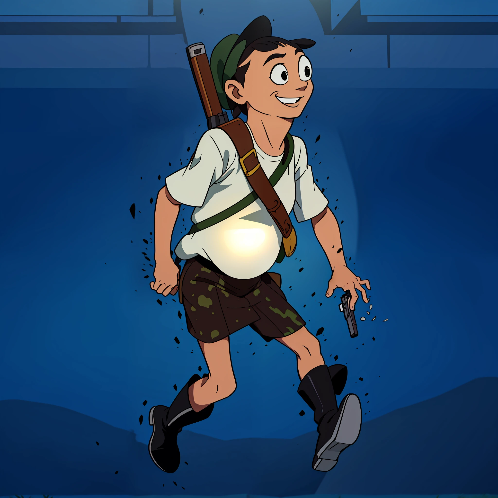 A cartoon character of  hunter wearing gun, wearing long boots, traditional burmese, forest background, white shirt, wearing hat, clear face, no blur face, no hair, not holding anything, remove black spot around character, smiling