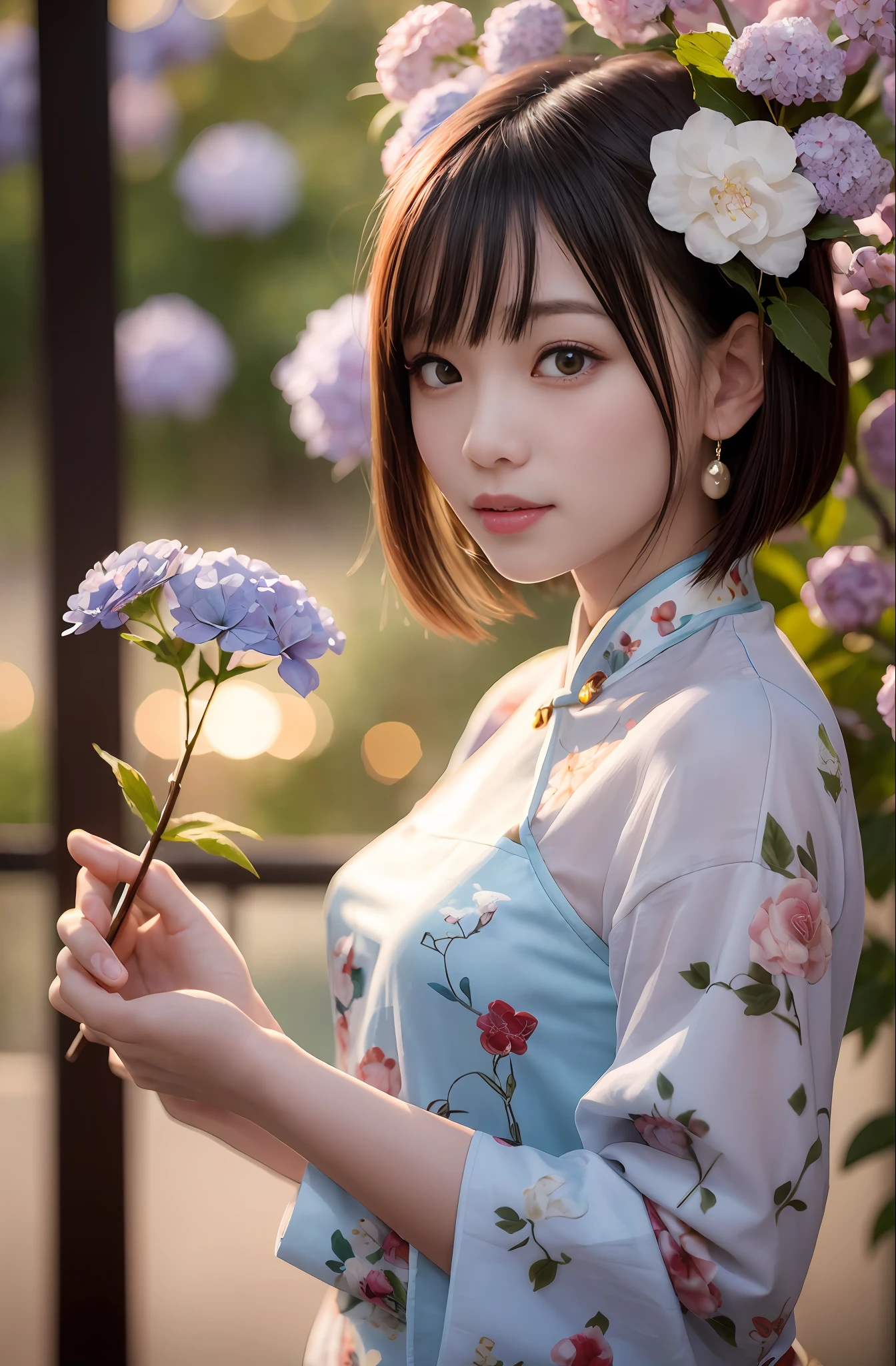 (((Full body photo))),(Sunset backlight),(Pale blue eyeliner))),((Lens flare),(Wearing red china in a Chinese garden))),(Super Soft Focus))))), smiling, (Profile)))), ( ( Looking into the distance))), twilight, showering, surrounded by colorful hydrangeas, hydrangeas in the background, ((soft sunset)), (yinchuan:1.5), masterpiece, best quality, raw photo, photorealistic, face, beautiful girl, cute, short hair, ((((depth of field)))), high resolution, ultra detail, fine detail, very detailed, Cinematic lighting