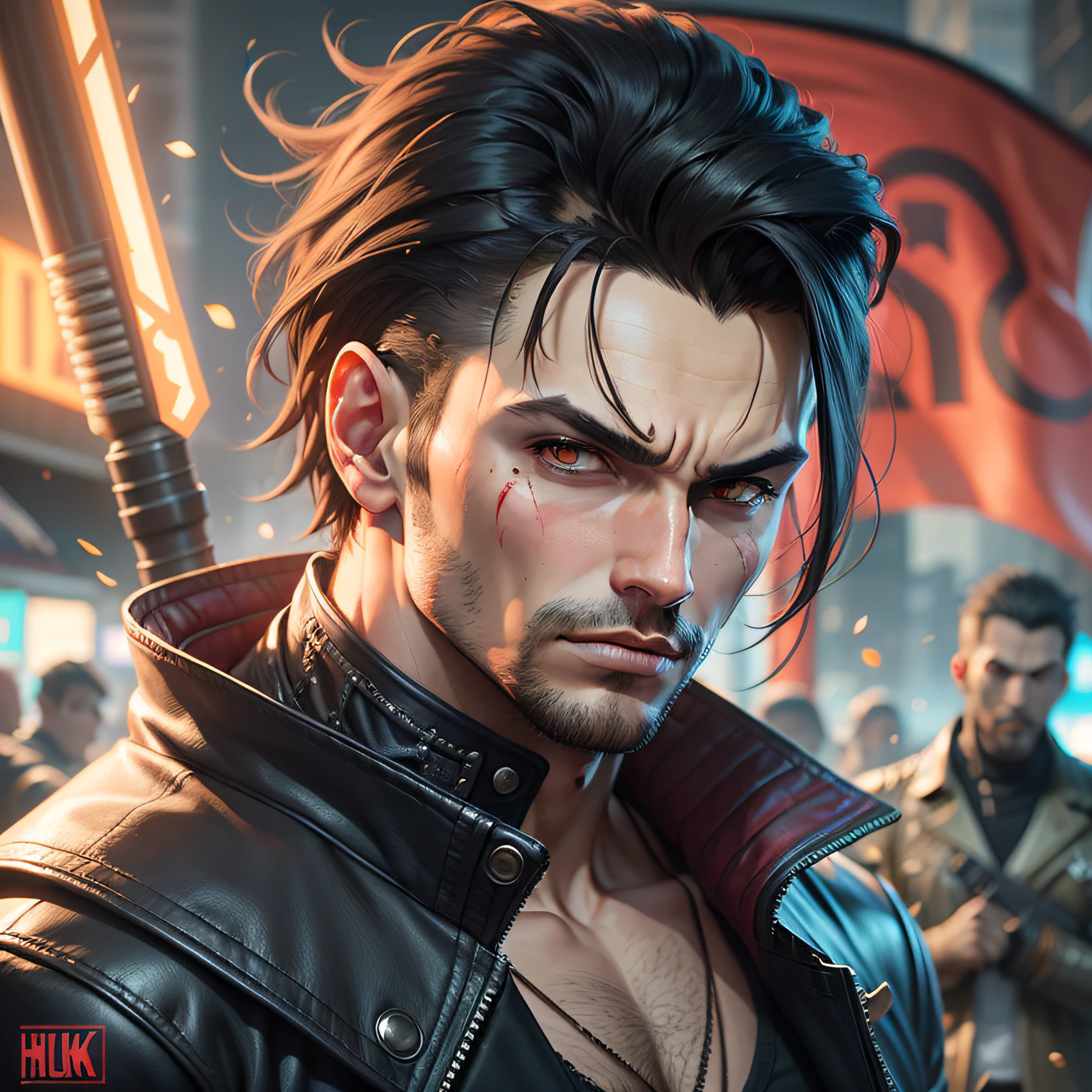 Task ID:47911118954565 Man with undercut haircut and yellow and black leather jacket holding a flag, portrait of a bloody hunter, badass anime 8k, Alucard, Shootout, stylized urban fantasy art, cyberpunk assassin, Portrait of a vigilante, urban fantasy centered, as a character in tekken, Dante of the Devil May Cry, Guilherme H. Pongiluppi