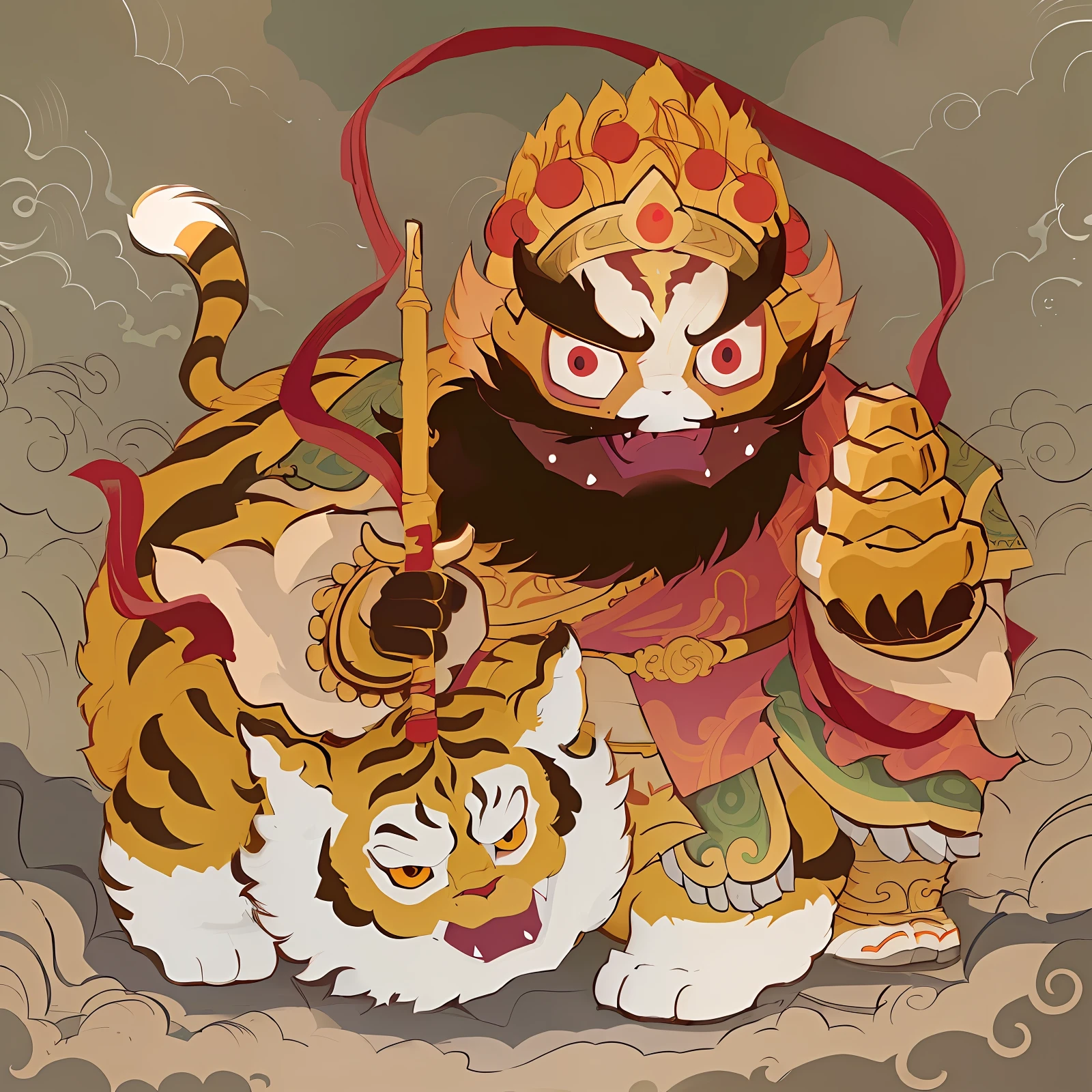 There is a cartoon tiger with a demon on his back., asura from chinese myth, Chinese mythology, Wizards fight tigers, JC Leyen Decker and Sachin Teng, Akira from Chinese mythology, narasimha, tigers_beast, Korean Mythology, Full color illustration, Japanese Gods, monkey king, Sachinten, In the style of Sachinten., sun wukong