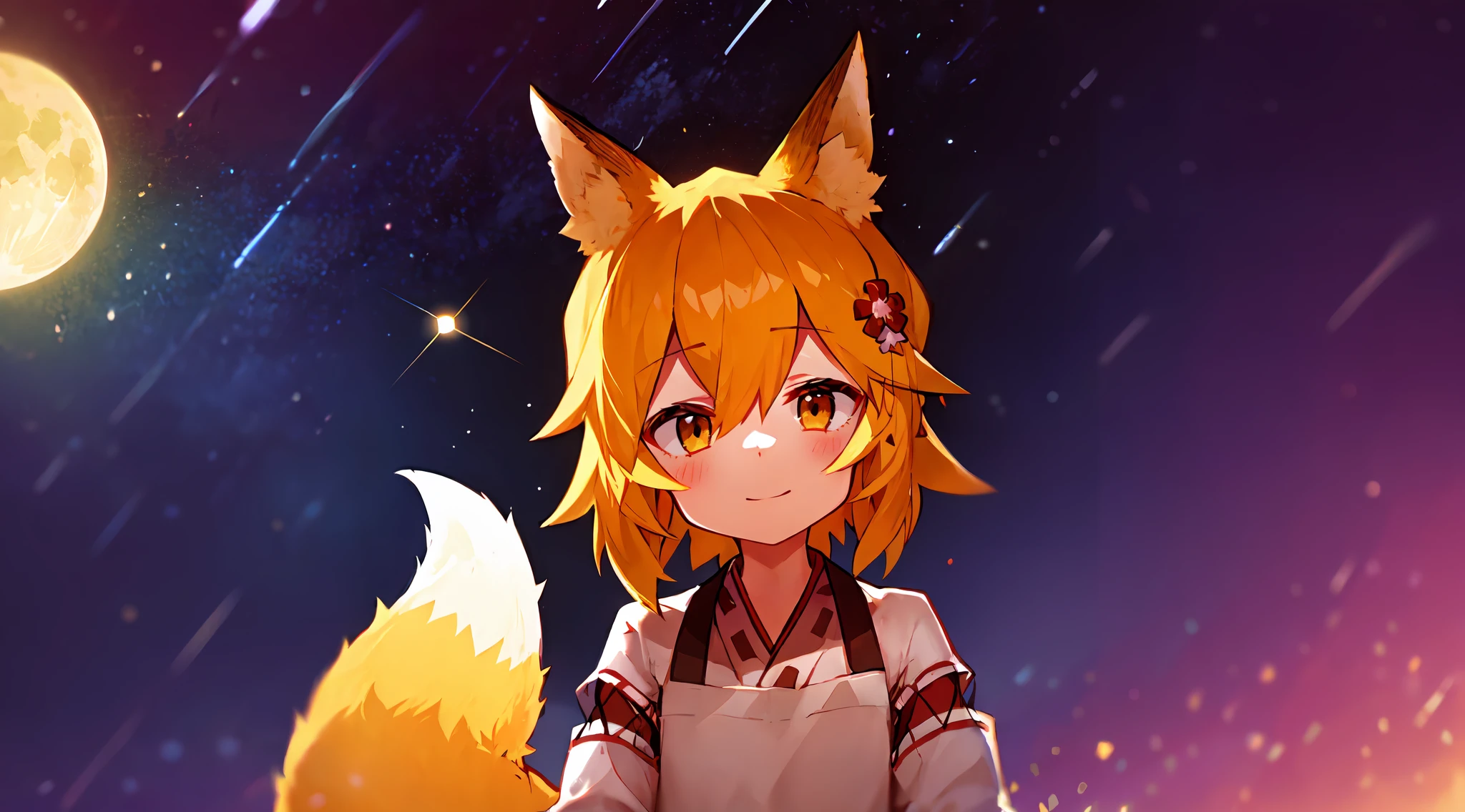 Ultra-detailed starry night scene, extremely focused image, (detailed light: 1.05), a fox girl with orange hair, small stature, solo, kimono, miko, fox ears and tail, floral hair ornament, gazing up with wonder in her crisp, luminous emerald eyes, enchanted smile on her flawless face, dazzlingly clear night sky filled with two sharp, detailed moons, brilliantly vivid constellations swirl overhead, notes of rich purple, blue and green fill the crisp sky, representing her sense of awe and hope, elegant beauty, masterful depth, textures and details
