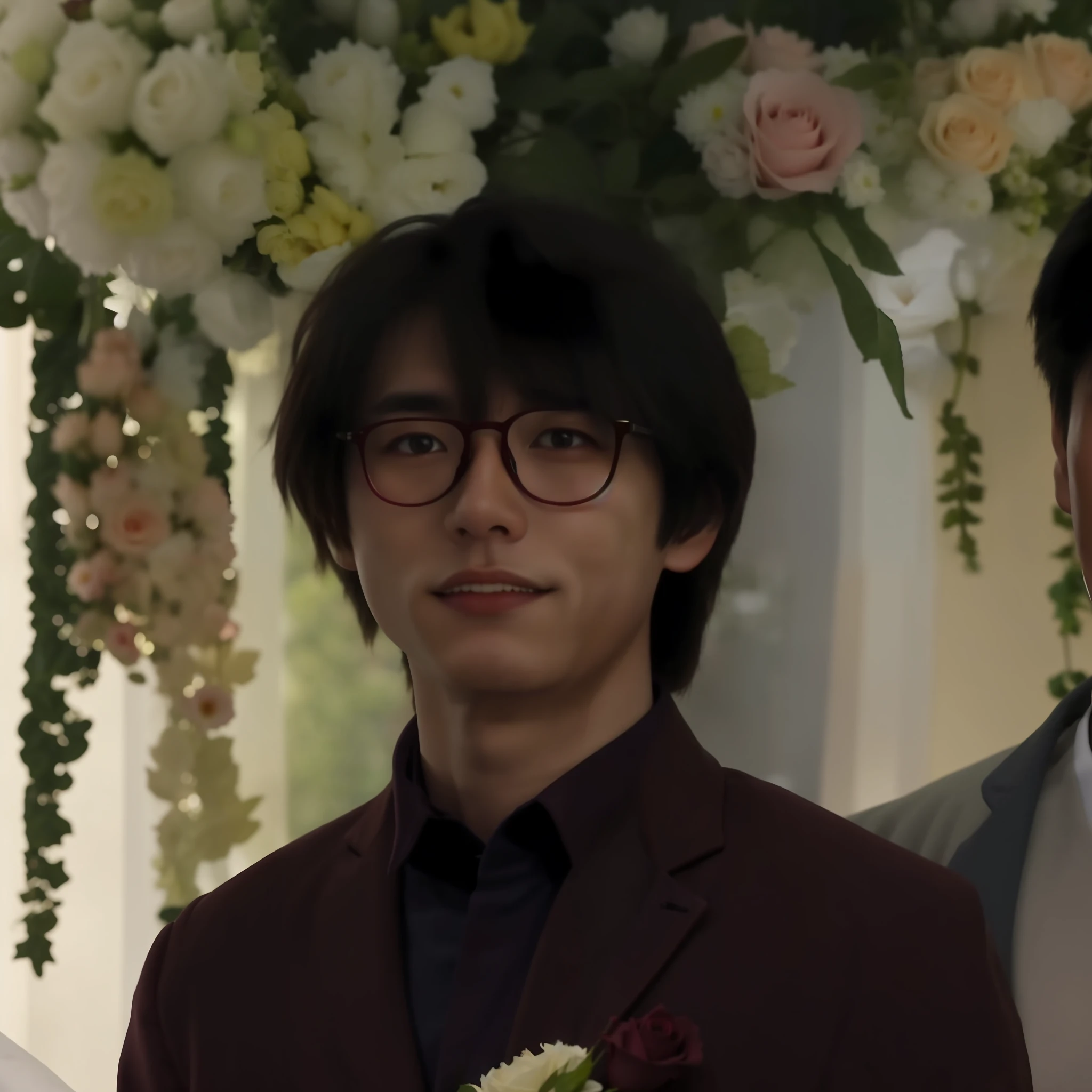 Extremely detailed 8K quality，A 16-year-old man wears a burgundy suit，Holding a rose in his hand，There are flowers hanging down the back。The lad was smiling。Wears a pair of fine-rimmed glasses。