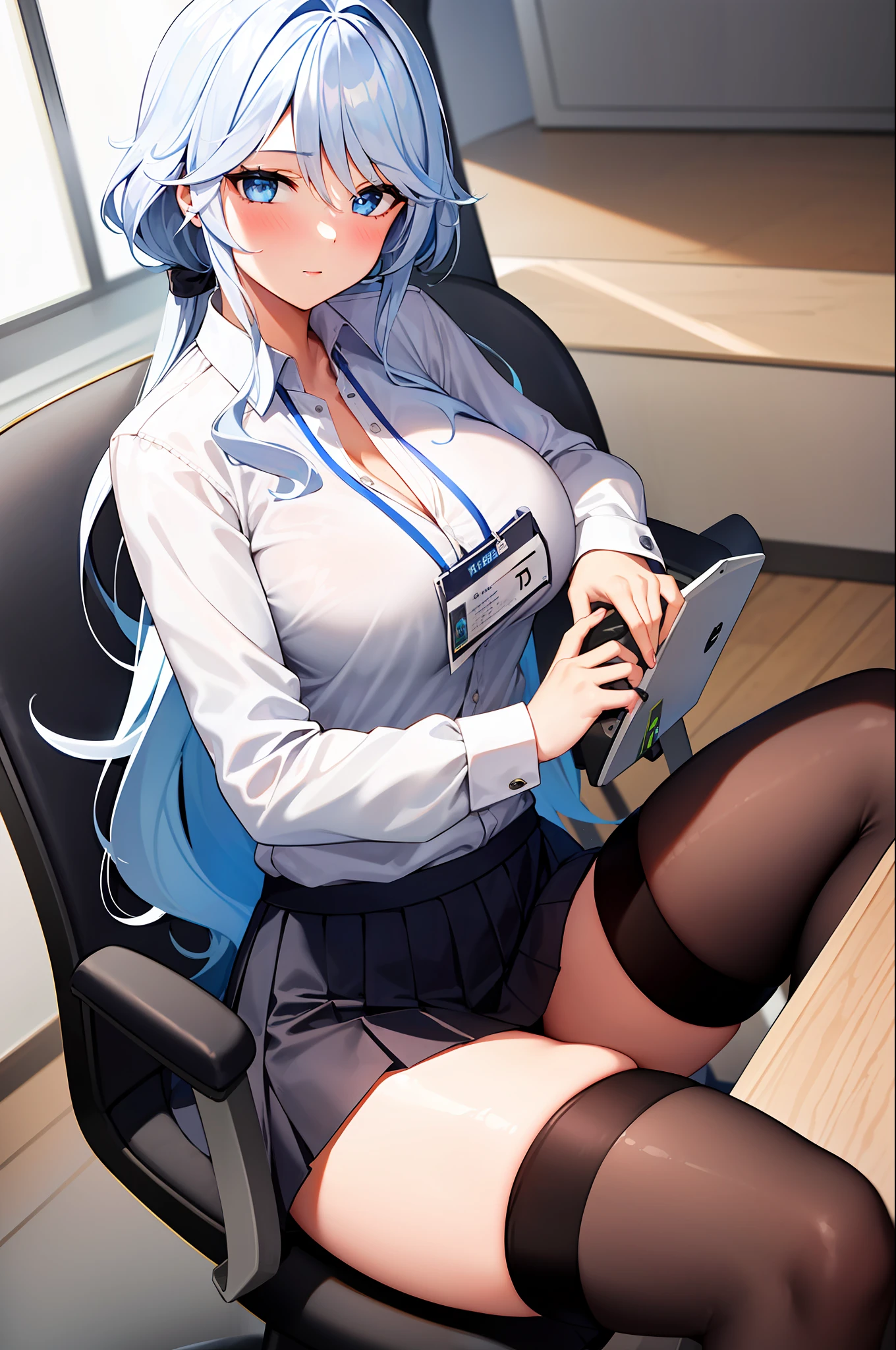 1girl, solo, ((white shirt)), black thighhighs, breasts, cleavage, uniform, office background, black skirt, pleated skirt, office,large breasts, looking at viewer, BLUE SEA HAIR, solo, thighhighs, thighs, very long hair, ((masterpiece)), sitting, chair, desk, computer on desk, name tag, id tag, indoor, blush, sexy pose,