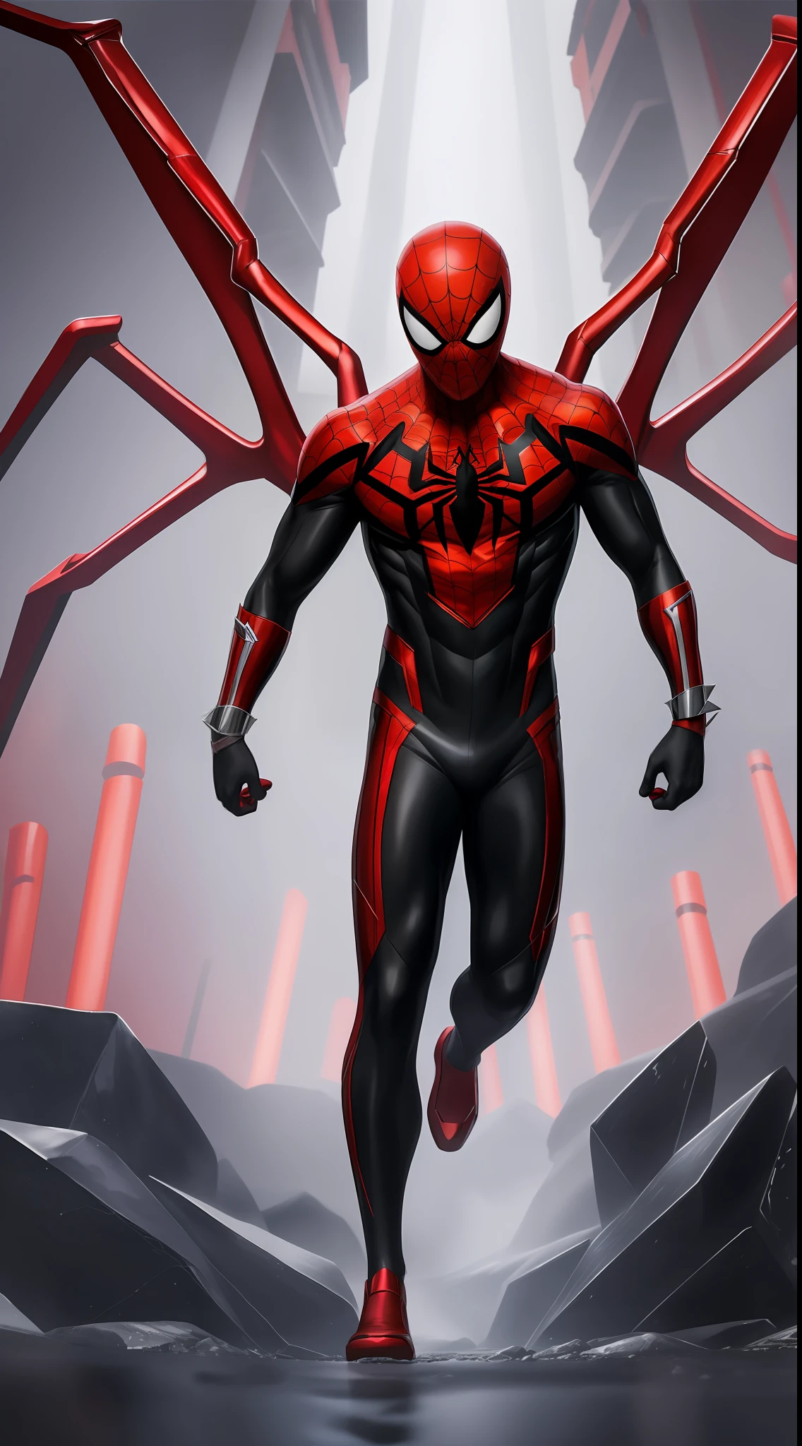 (((full body of male supspr))), (((four red metal legs))), (((silver bracelets))), (((sharp fingers))), a spider - man in a red and black suit, (((chasing))), 8k, unreal engine, octane render, by seunghee lee, Jang Tae-Hwan, Chocofing R, seungho lee, trending on pixiv, fanbox, skeb, masterpiece, smooth soft skin, big dreamy eyes, beautiful intricate colored hair, symmetrical, anime wide eyes, soft lighting, concept art, digital painting,NFT, Image easily separates the background